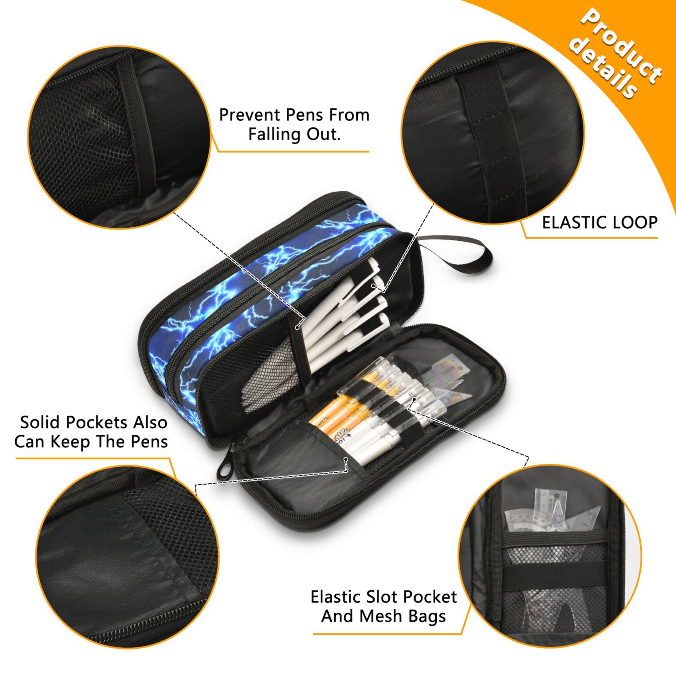Lightning Bolt Printed Cool Blue Zipper Pencil Case - 3 Compartment Pen Organizer for School, Office & Travel - Durable Pouch for Pens, Markers & Art Supplies