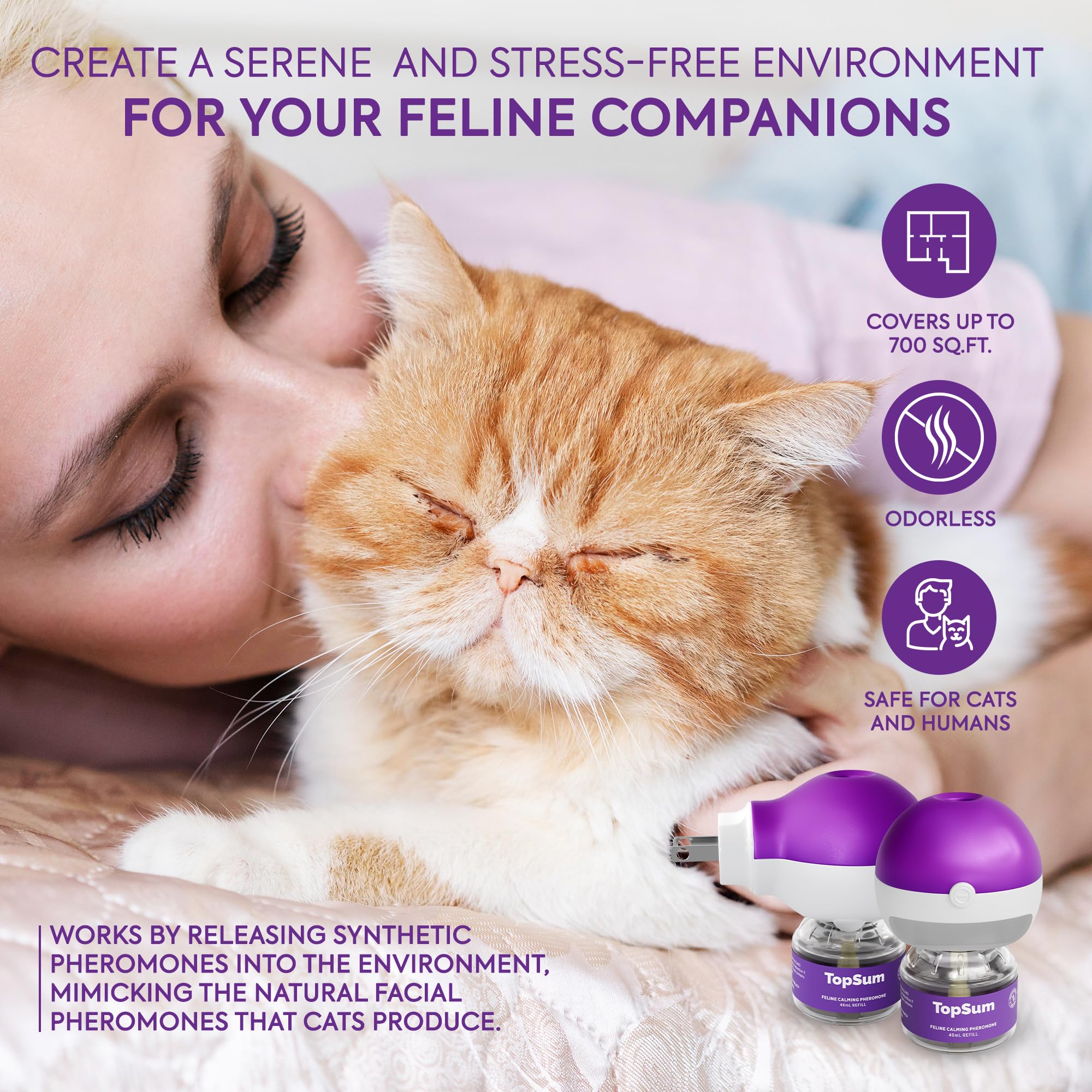 Premium Cat Calming Diffuser Refills (6 Pack) – Vet-Recommended Pheromones for Cat Anxiety Relief – Lasts 4 Months – Stress-Free Home & Travel Solution for Nervous Cats (Purple)
