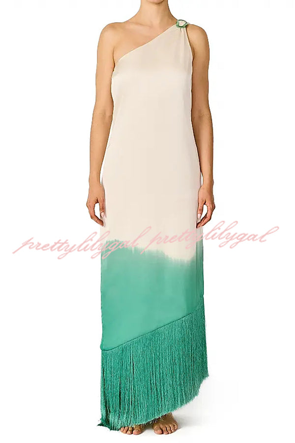 Vibrant Ombré Print Ruched One Shoulder Tassel Trim Maxi Dress for Beach Vacation, Summer Party & Boho Fashion | Women's Elegant Evening Gown