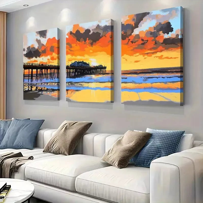 3-Piece Abstract Coastal Sunset Pier Seascape Canvas Wall Art Set - 50x70cm Framed Ready-to-Hang High Quality Print | 100% Australian Made | Perfect for Living Room, Bedroom & Beach House Decor