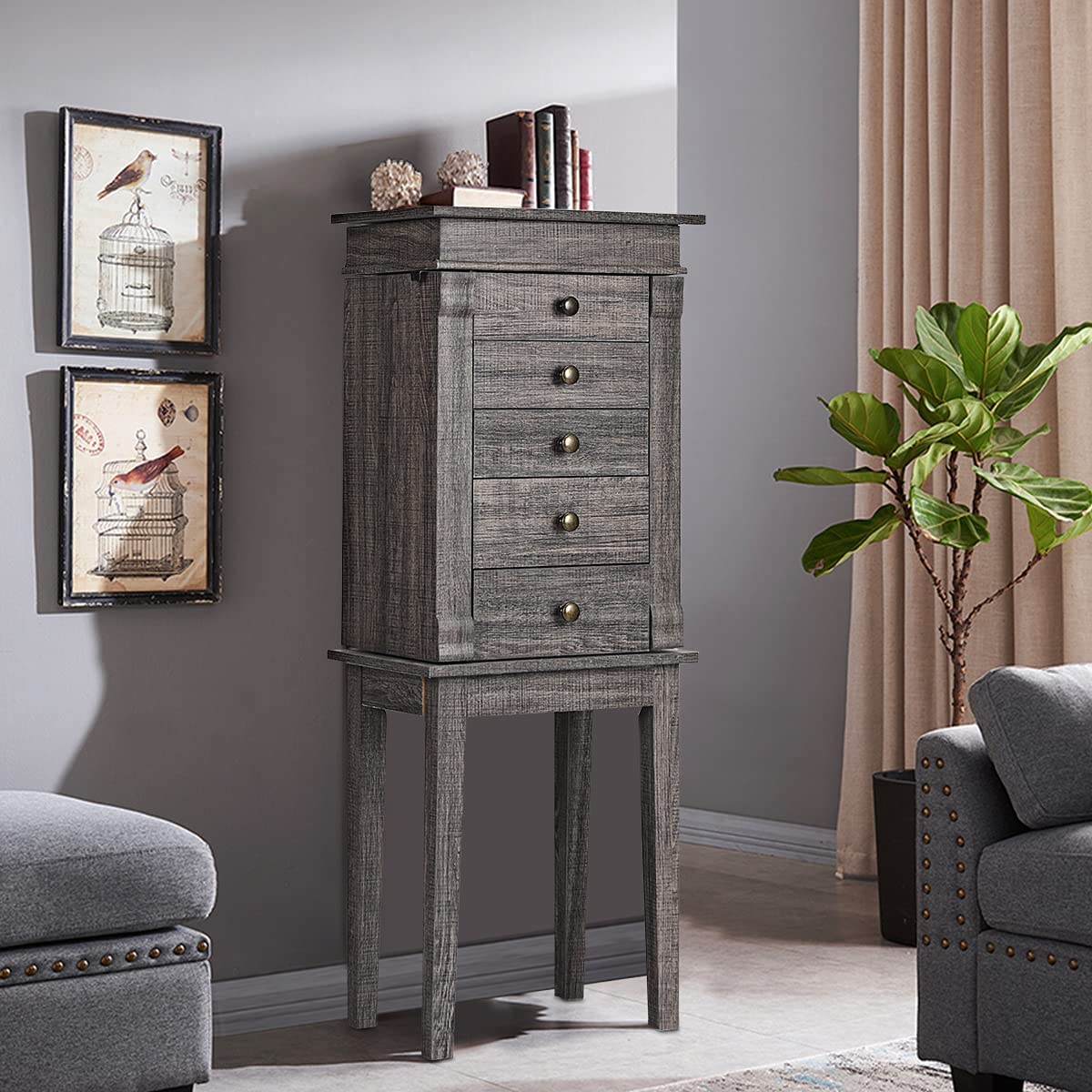 Standing Jewelry Armoire Cabinet with Flip Top Mirror - 5 Drawers, 2 Doors & 8 Necklace Hooks - Jewelry Storage Organizer for Earrings, Necklaces, Bracelets - Makeup Vanity Dresser - Perfect Gift for Women & Girls (Gray) - Ideal for Bedroom, Closet or Dressing Room Organization