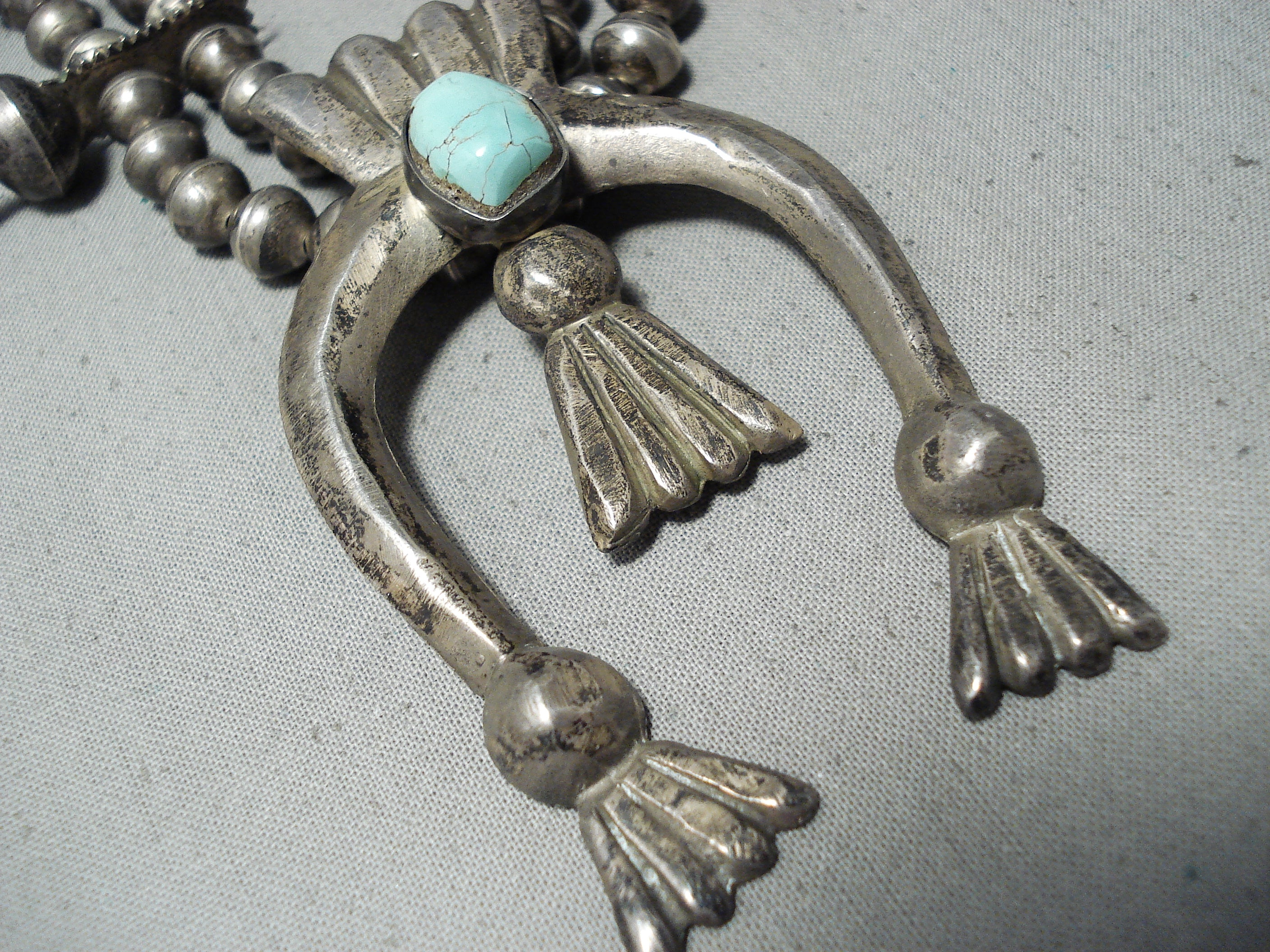 1920's Vintage Navajo Turquoise Sterling Silver Squash Blossom Necklace - Authentic Native American Jewelry for Women, Perfect for Boho Fashion, Weddings & Special Occasions