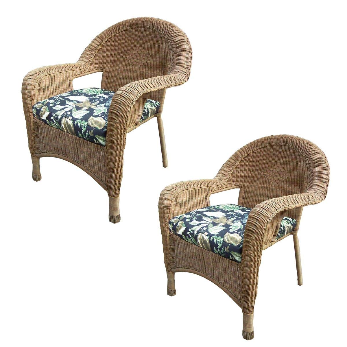 Honey Brown Outdoor Patio Resin Wicker Armchairs with Blue Cushions - Set of 2 - Weather-Resistant Garden Furniture for Poolside, Deck, or Backyard Relaxation