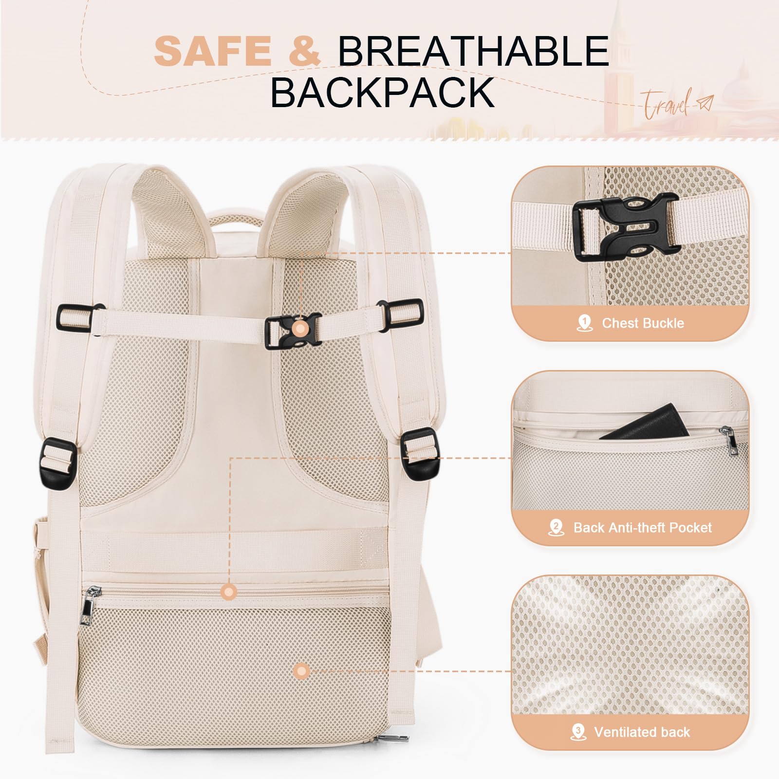 35L Maelstrom Travel Backpack for Women & Men - Waterproof Laptop Backpack Fits 17-Inch Computer, Airplane Carry On Backpack with Crossbody Bag, Shoe Compartment & Toiletry Pouch (Beige, Large) - Perfect for Business Trips, College Students & International Travel