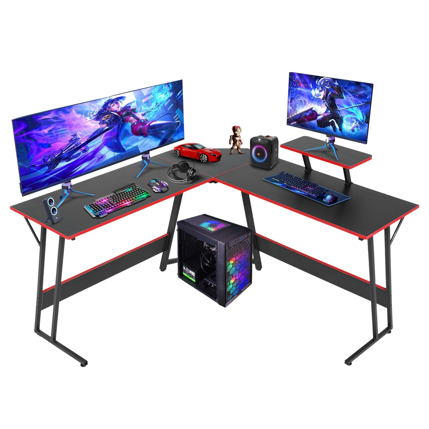 Premium L-Shaped Gaming Desk with Carbon Fiber Surface - Large Monitor Stand Corner Computer Desk for Home Office, Gaming & Study - Black (Ideal for Multi-Monitor Setup & Ergonomic Workspace)