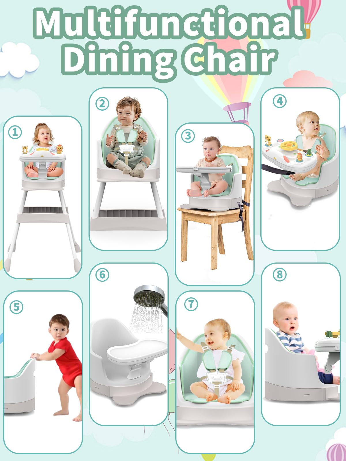 8-in-1 Convertible Baby High Chair with Removable Tray & Buckle Strap | Adjustable Booster Seat for Dining Table | Sensory Exploration with Music & Lights | Mobile Floor Seat with Wheels | Safe for Infants 6-36 Months (Green) | Perfect for Mealtime, Playtime & Learning Activities at Home
