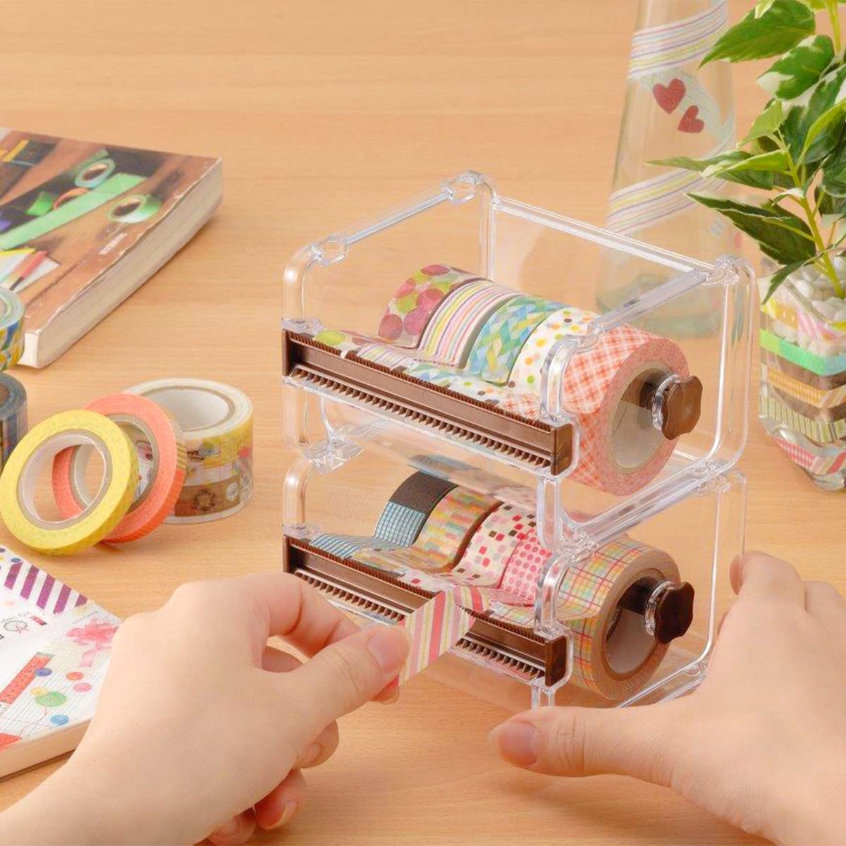 2-Pack Washi Tape Dispenser & Cutter Set - Desktop Roll Tape Holder Organizer for DIY Crafts, Scrapbooking, Gift Wrapping - Yellow Storage Solution for Masking Tape & Sticker Rolls