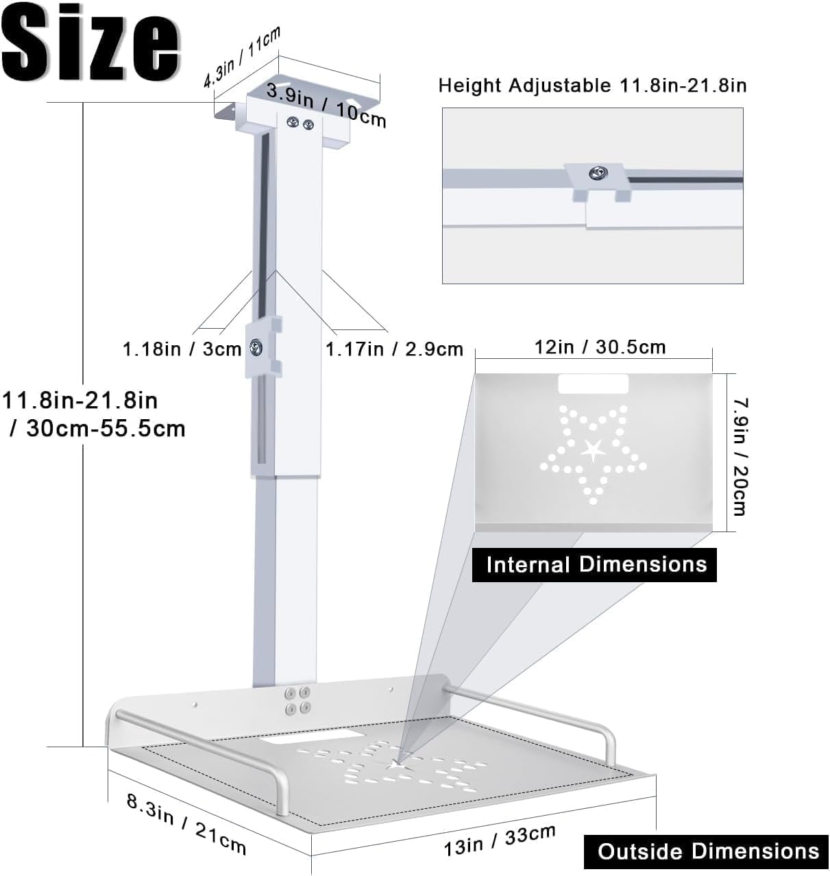 2-Be-Best Universal Adjustable Projector Ceiling Mount with Tray - 11.8IN to 20.5IN (30CM-52CM) Height Range - White - Perfect for Home Theater, Classroom, and Office Projector Installation