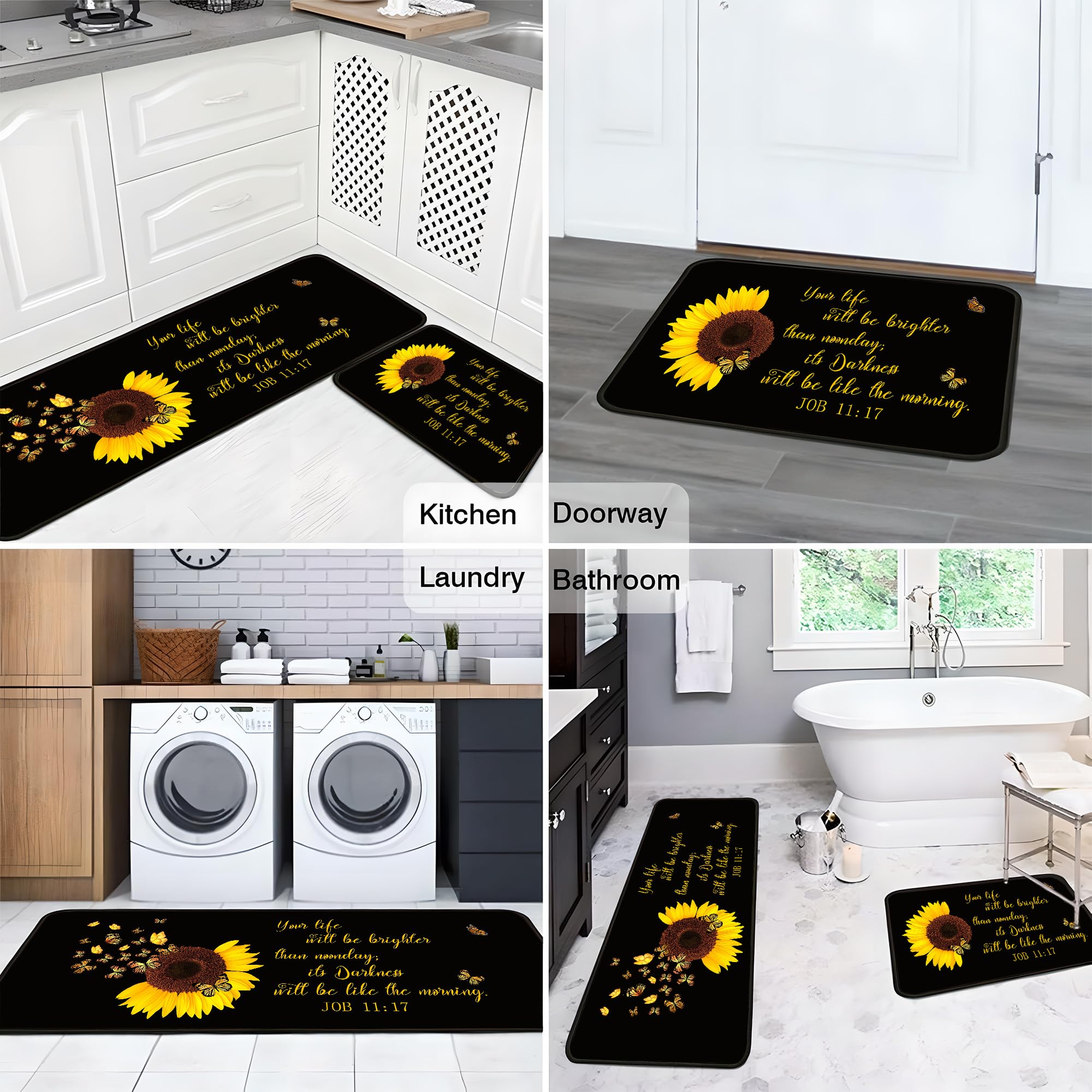 Sunflower Bible Verse Kitchen Rugs Set - Waterproof Washable Mats for Sink & Floor Decor