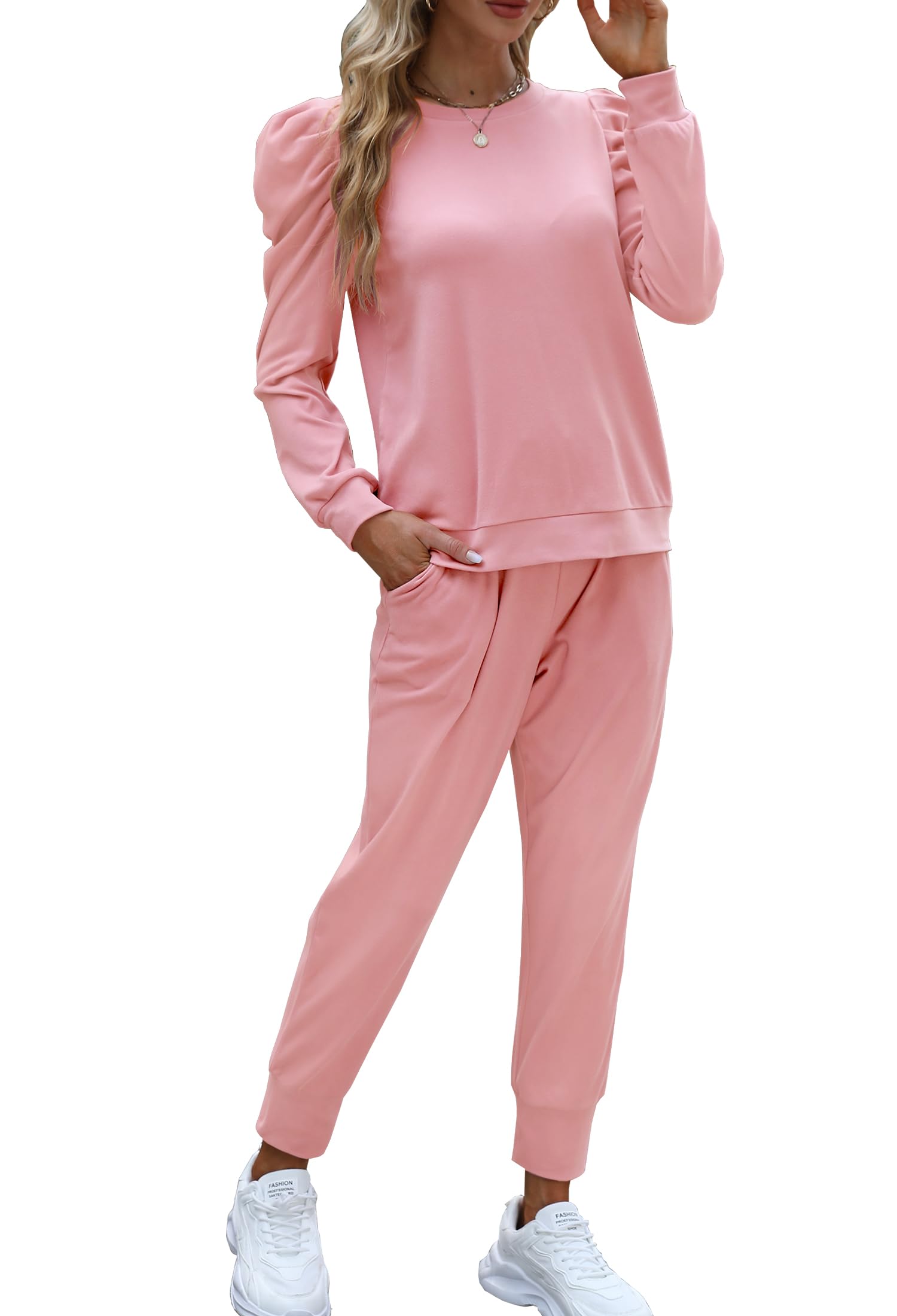 Onedreamer Women's 2-Piece Sweatsuit Set - Long Sleeve Puff Crewneck Sweatshirt & Jogger Pants | Lounge Wear, Casual Outfit, Home Comfort | Perfect for Yoga, Running Errands & Relaxing at Home