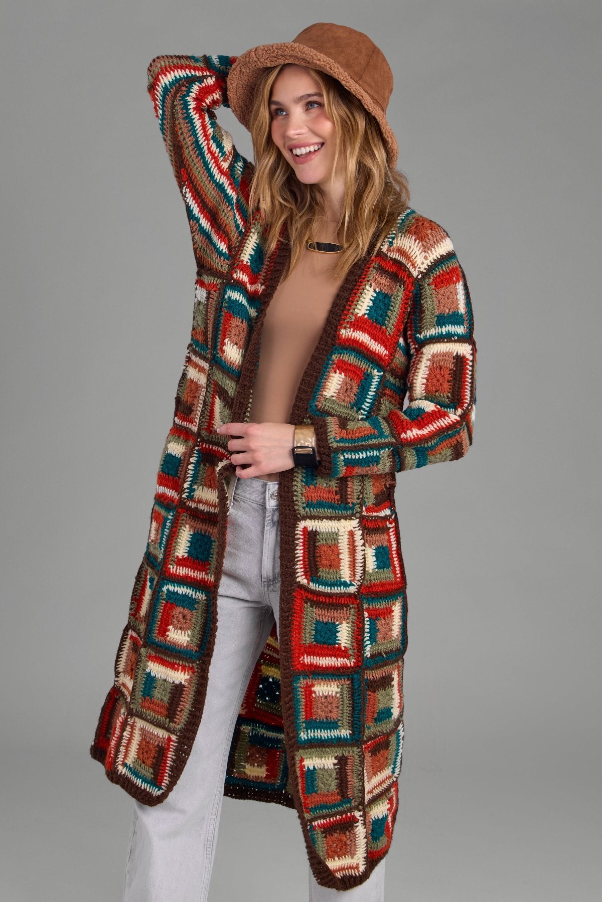 Stylish Crochet Long Cardigan Marrakesh Jacket - Boho Chic Open Front Cover Up for Women - Perfect for Beach, Festival & Casual Outfits