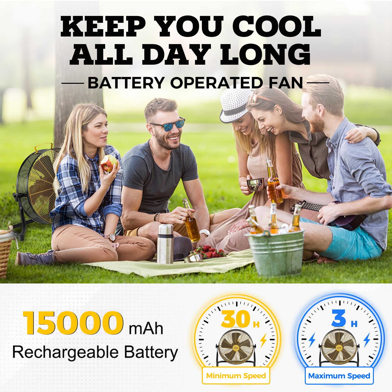 QF16 16 Inch High Velocity Rechargeable Floor Fan - 15000mAh Battery, Fast Charging, 2500 CFM - Perfect for Patio, Gym, Camping, Travel & Backyard Use | Indoor & Outdoor Cooling Solution for Home, Office & Events