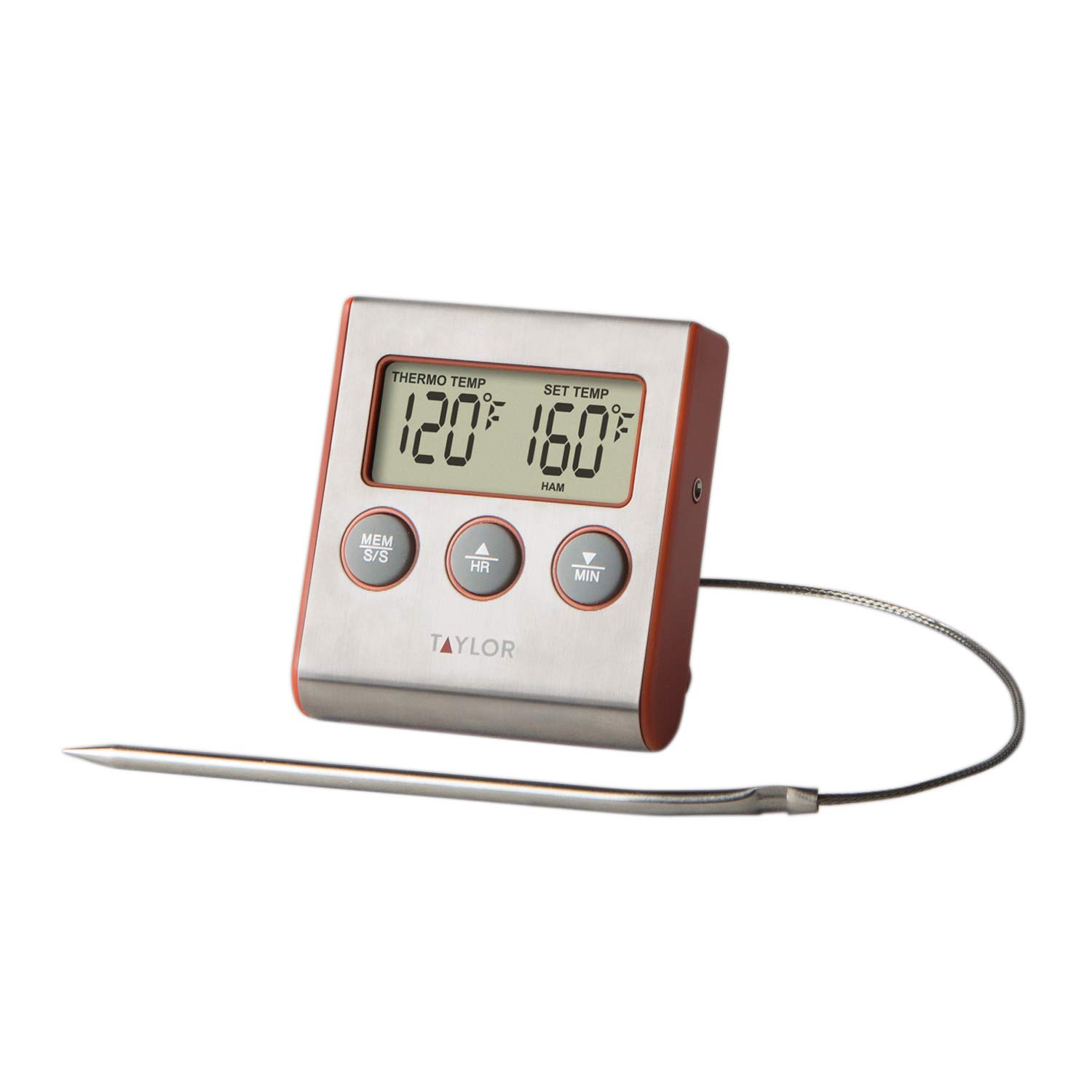 Taylor Instant Read Digital Meat Thermometer with Wired Probe, Timer & Alarm - Perfect for Grilling, BBQ, Cooking, Baking & Kitchen Use (Red)