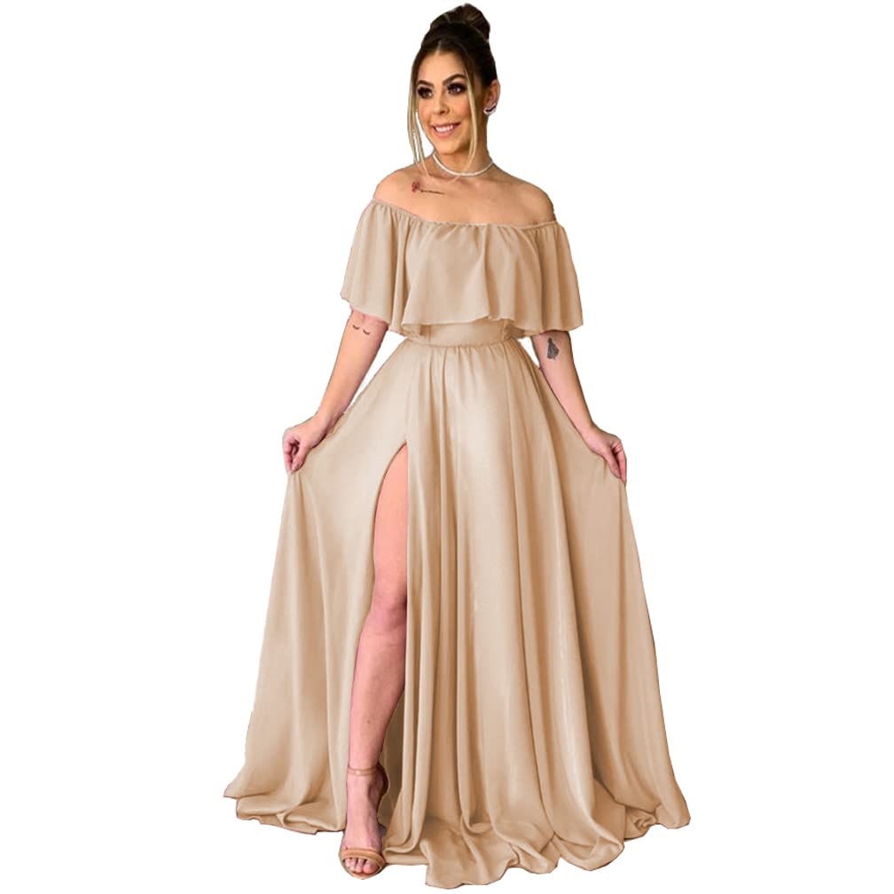 Elegant TRHTX Chiffon Women's Bridesmaid Dress - Long Off-Shoulder Formal Gown with Slit & Ruffle A-Line Design for Weddings, Parties & Special Occasions