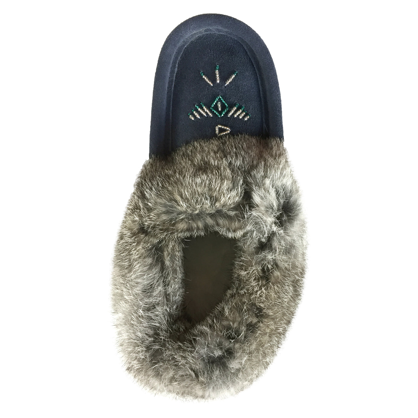 Women's Soft Rabbit Fur Thunderbird Beaded Moccasins - Comfortable Navy Blue Native American Style Slip-On Shoes for Casual Wear, Home & Winter Indoor Use