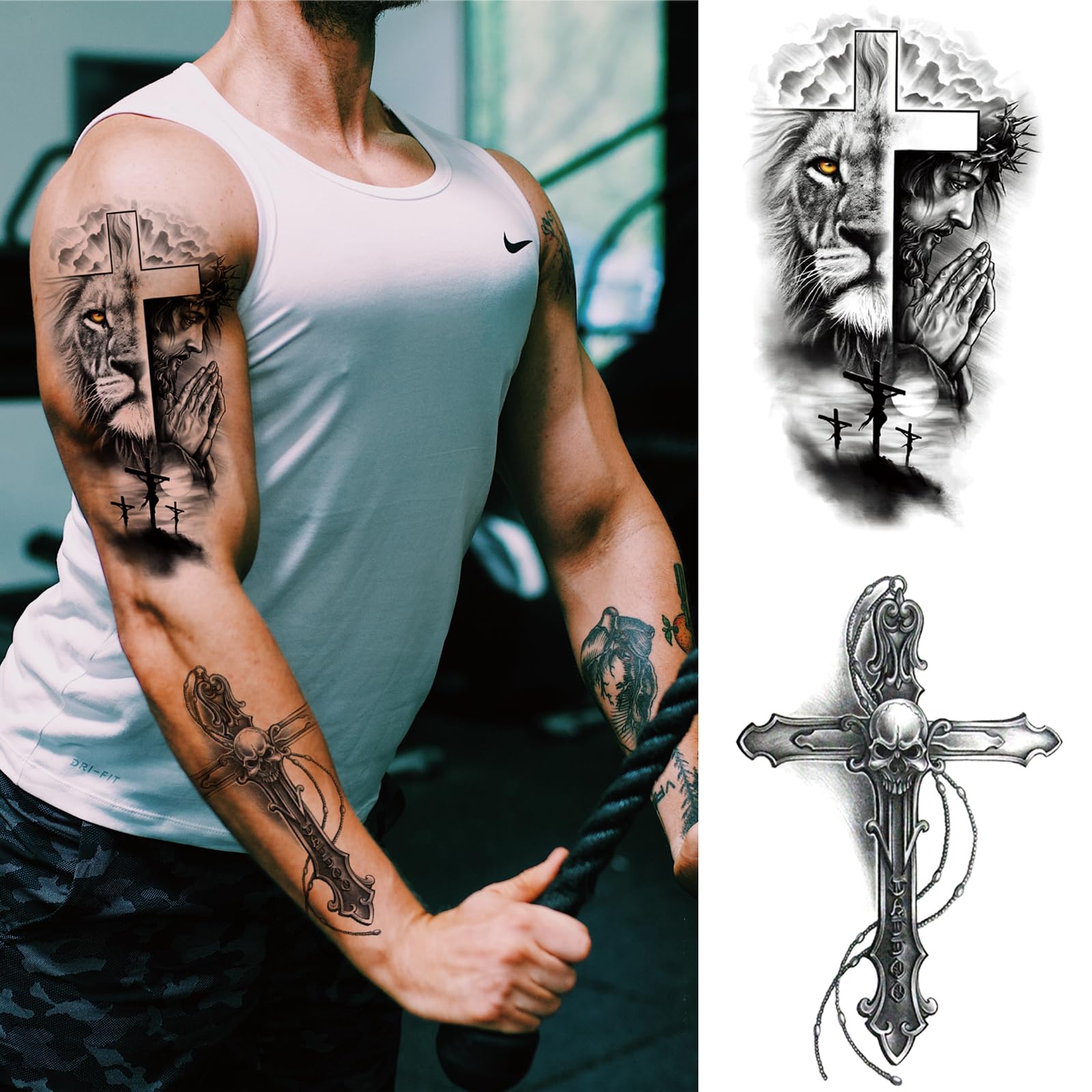 Realistic Cross Wing Temporary Tattoo for Men - Large Half Sleeve Black Religious Tattoo Stickers | Holy God Jesus Fake Tattoo, Christian Tribal Arm & Chest Body Art | 8-Sheet Pack for Halloween, Cosplay, Costume Parties & Religious Events