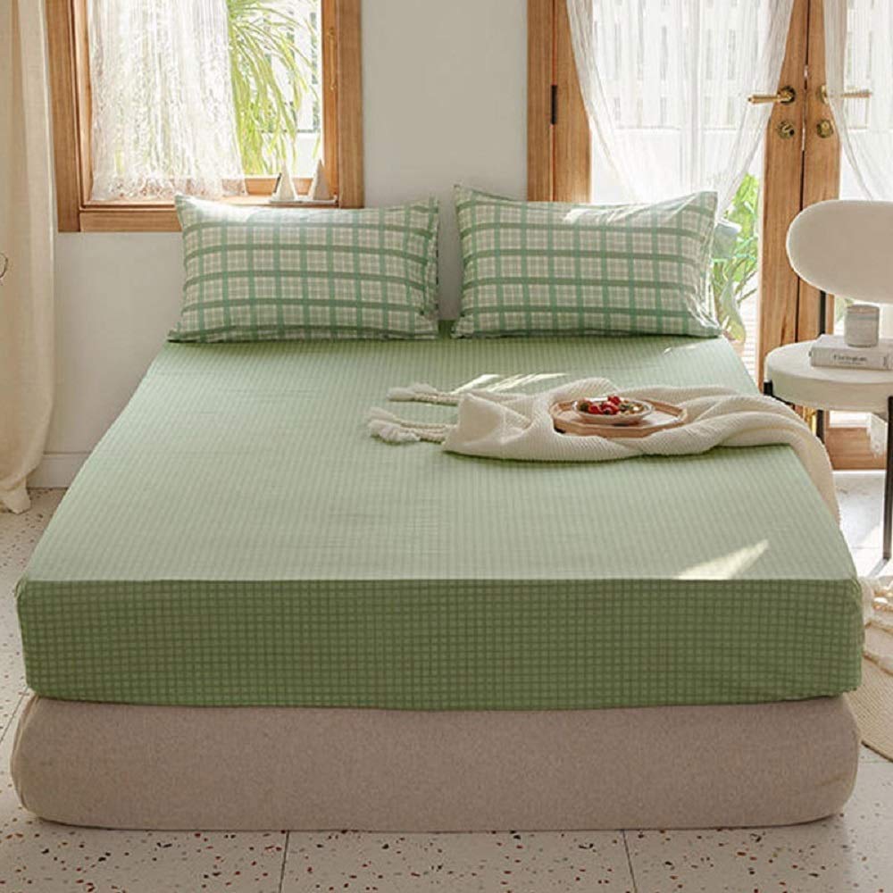 EnjoyBridal Teens Kids Girls Full Size Fitted Sheet - Green Grid Cotton Bedding, Super Soft Anti-Wrinkle Queen Sheet for All Seasons | Perfect for Kids' Rooms, Dorms & Guest Bedrooms