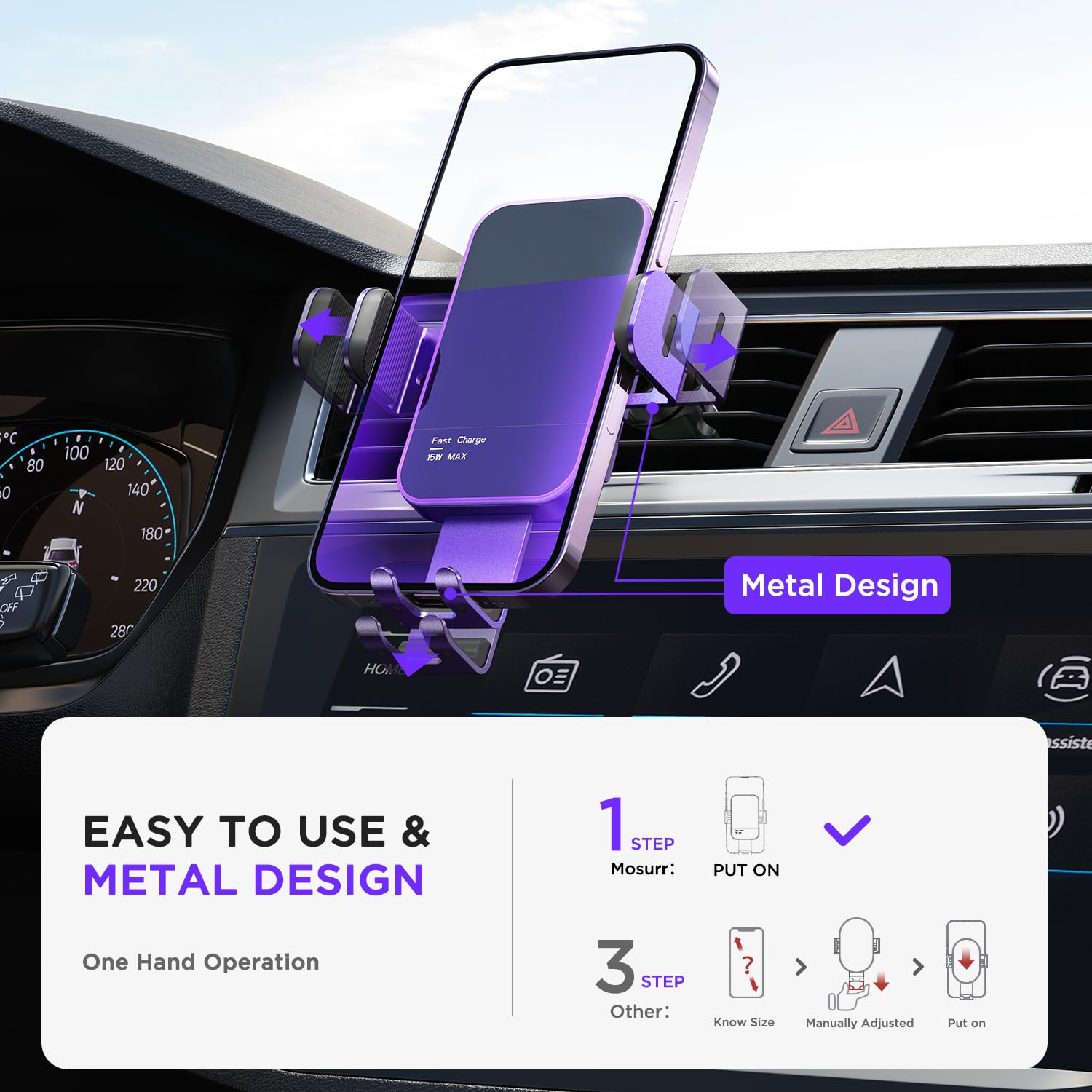 15W Fast Wireless Car Charger with Auto Clamping & 7-Color LED Backlit - Compatible with iPhone 14/13/12/11/X, Samsung Galaxy S23/S22/S21/S10/Note 20 (Purple) | Perfect for Hands-Free Charging While Driving