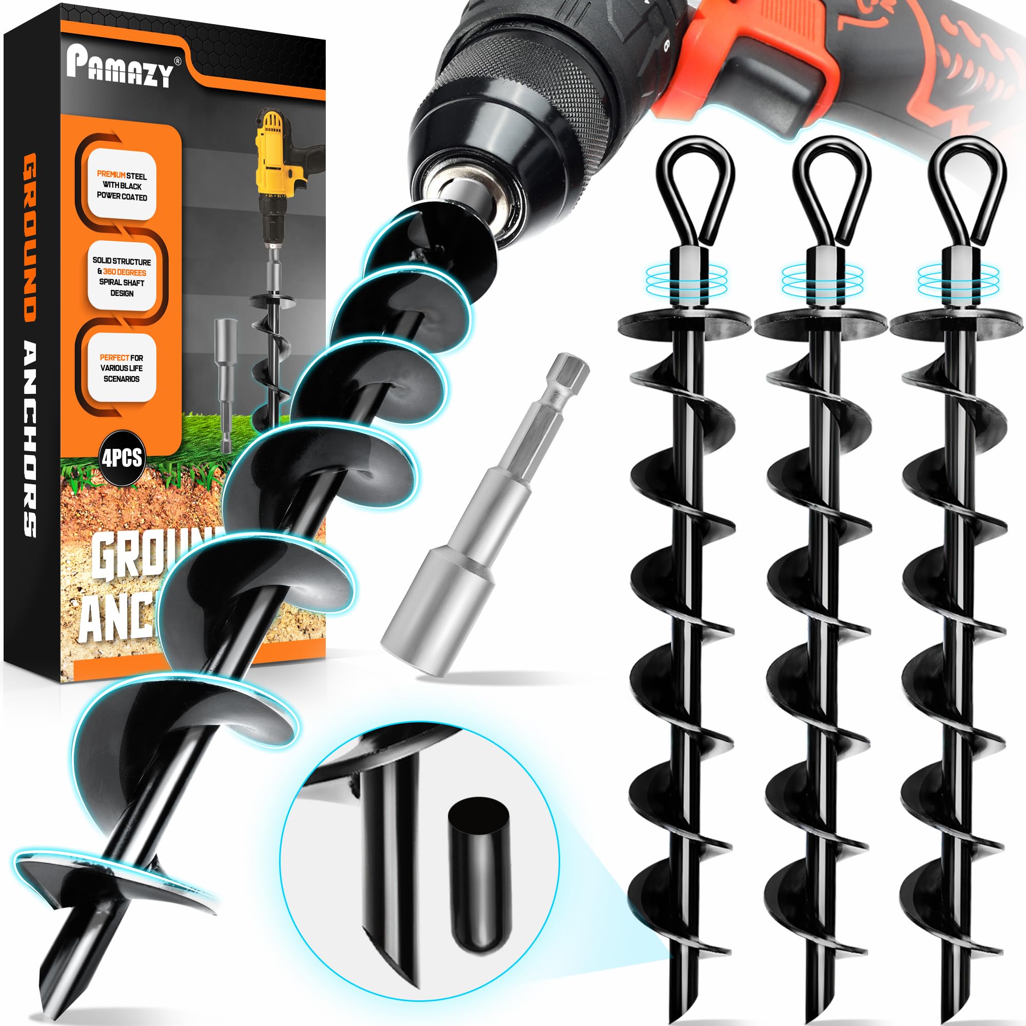 Premium 4-Pack Heavy Duty Ground Anchors with Power Nut Driver Drill Bit - Screw-In Anchors for Swing Sets, Trampolines, Tents & Canopies - Wind-Resistant Stabilizers for Outdoor Camping, Backyard Playground & Carport Protection