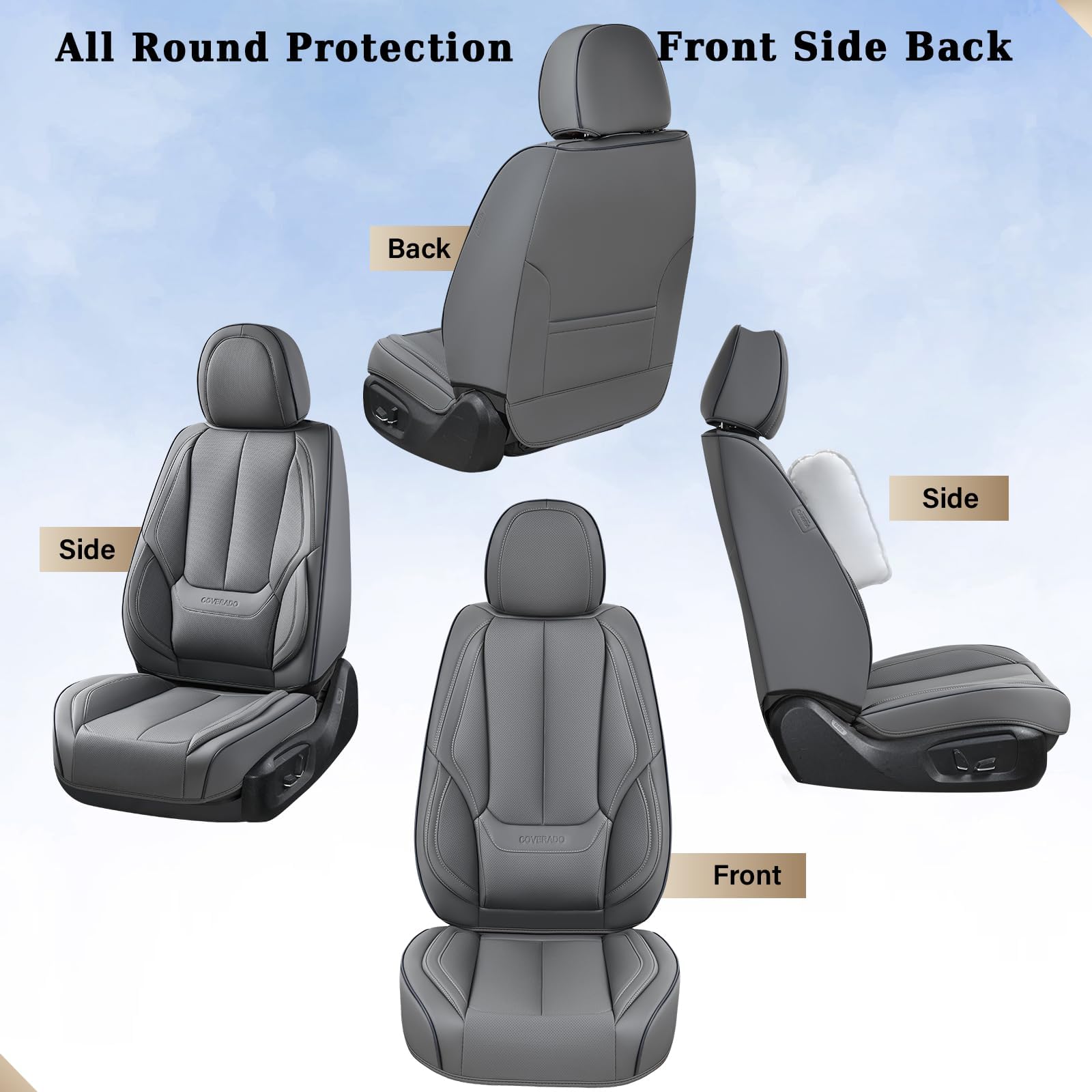 Coverado Universal Waterproof Nappa Leather Car Seat Covers - Front Seat Protectors & Cushions (Gray) for Most Vehicles | Perfect for Daily Commutes, Road Trips & Pet Protection