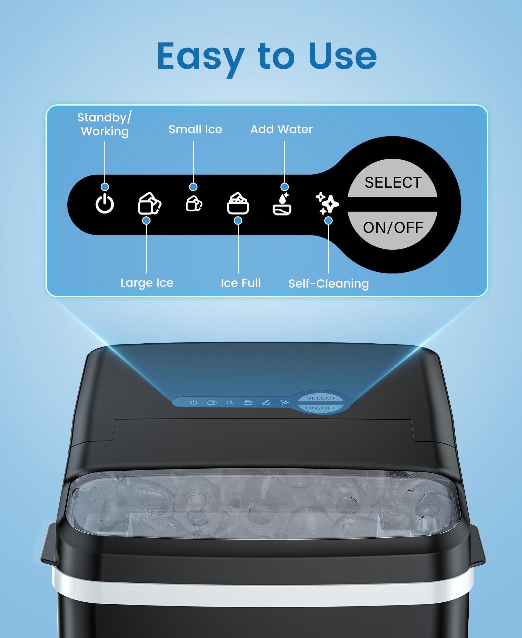 COWSAR Countertop Ice Maker Machine - 26.5lbs/24H, Makes 9 Bullet Ice Cubes in 6 Minutes, Self-Cleaning with Ice Basket & Scoop, 2 Ice Size Options - Perfect for Home Kitchen, Office, Parties, Camping & RV Trips (Black)