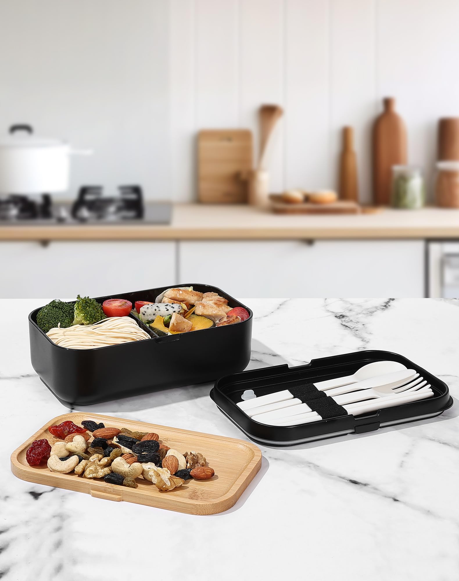 Eco-Friendly Bento Box Lunch Container for Adults - Natural Bamboo Lid with Cutlery & Chopsticks | Microwave & Dishwasher Safe | BPA-Free & Leakproof | Perfect for Office, School, Picnics & Meal Prep