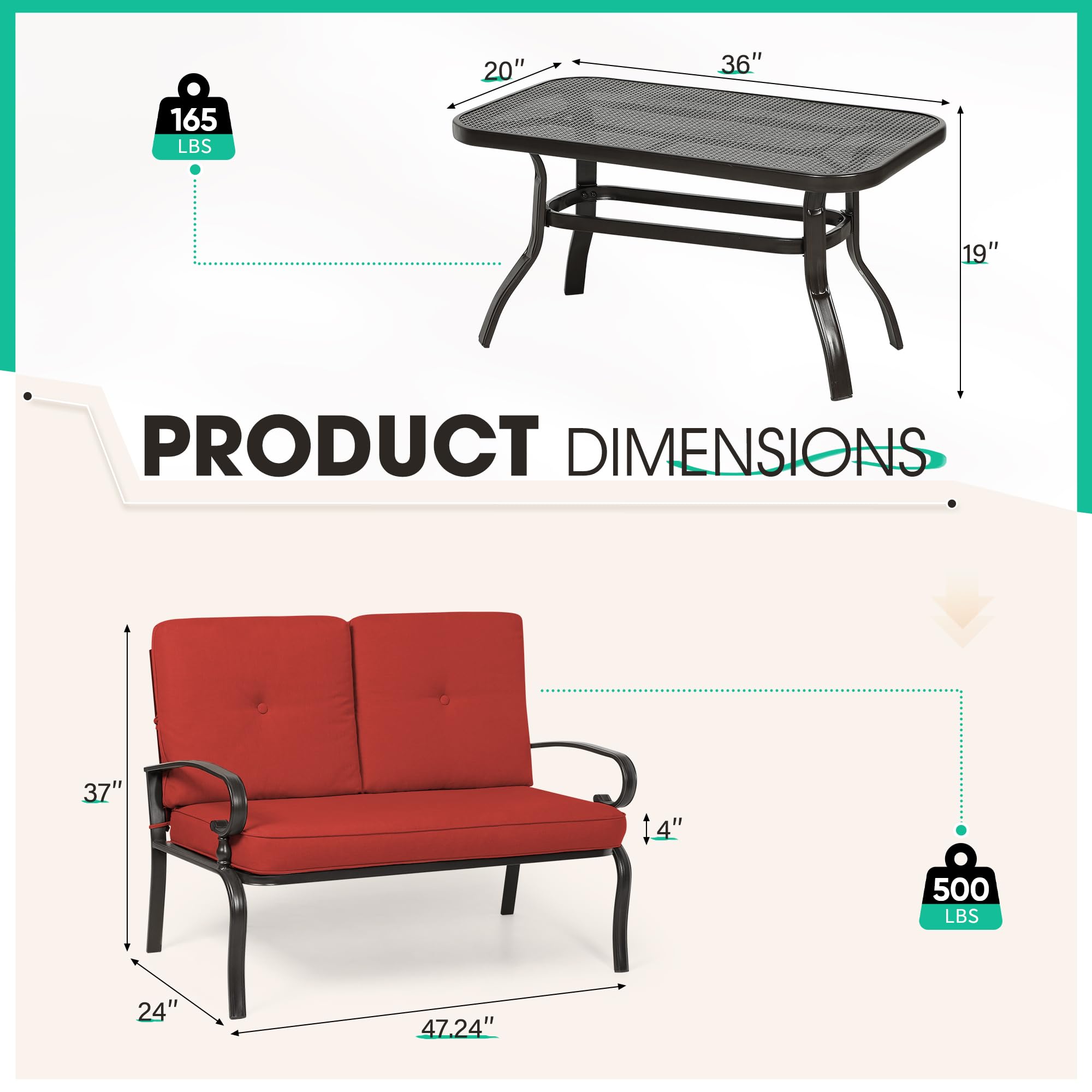 Incbruce 2-Piece Outdoor Loveseat Set with Coffee Table & Cushion - Wrought Iron Patio Bench for Garden, Poolside, Porch - Durable Metal Frame Furniture (Red) | Perfect for Relaxing in Backyard, Balcony or Outdoor Entertaining