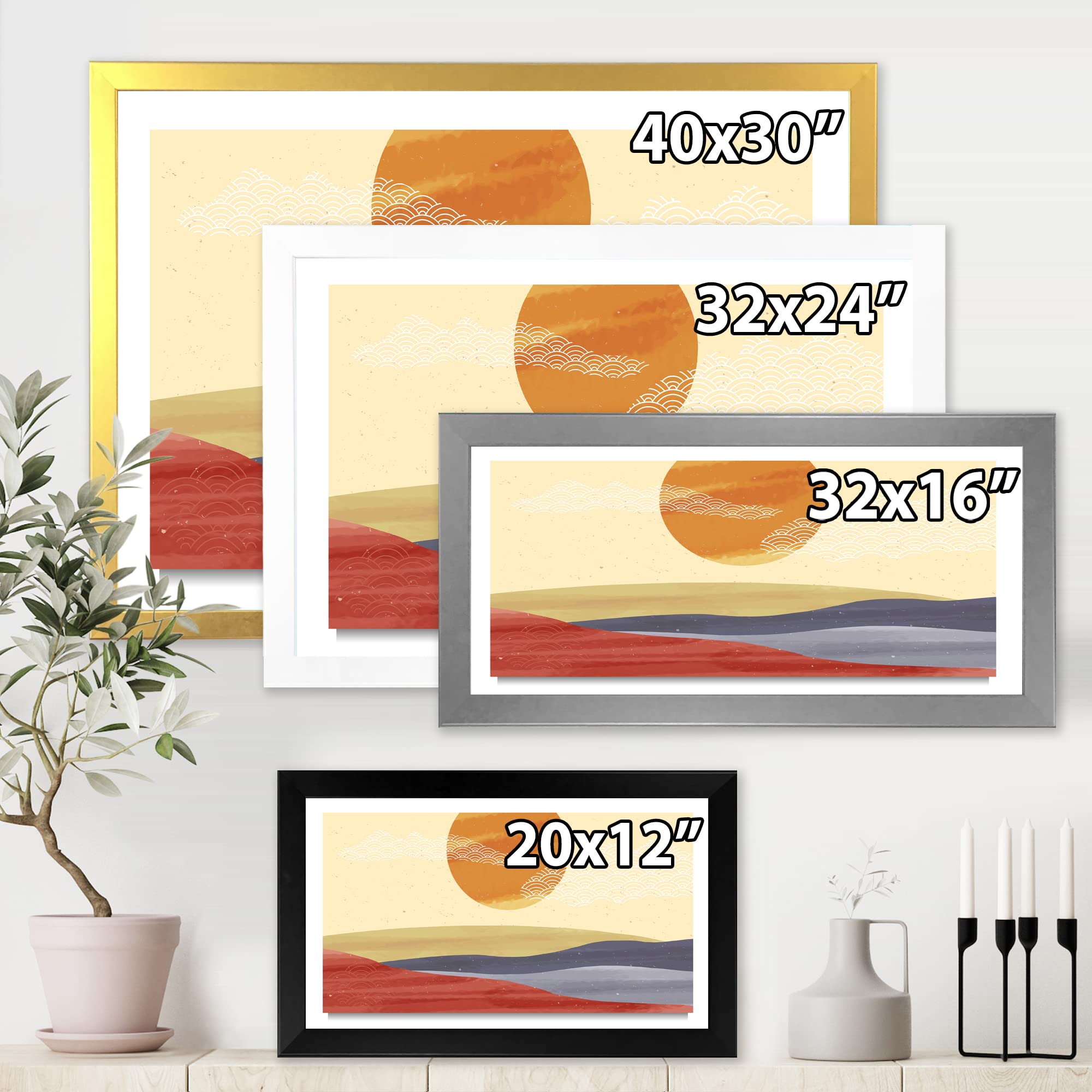 Minimalist Abstract Landscape Mountain & Moon Modern Framed Wall Art - Nature Inspired Home Decor for Living Room, Bedroom & Office