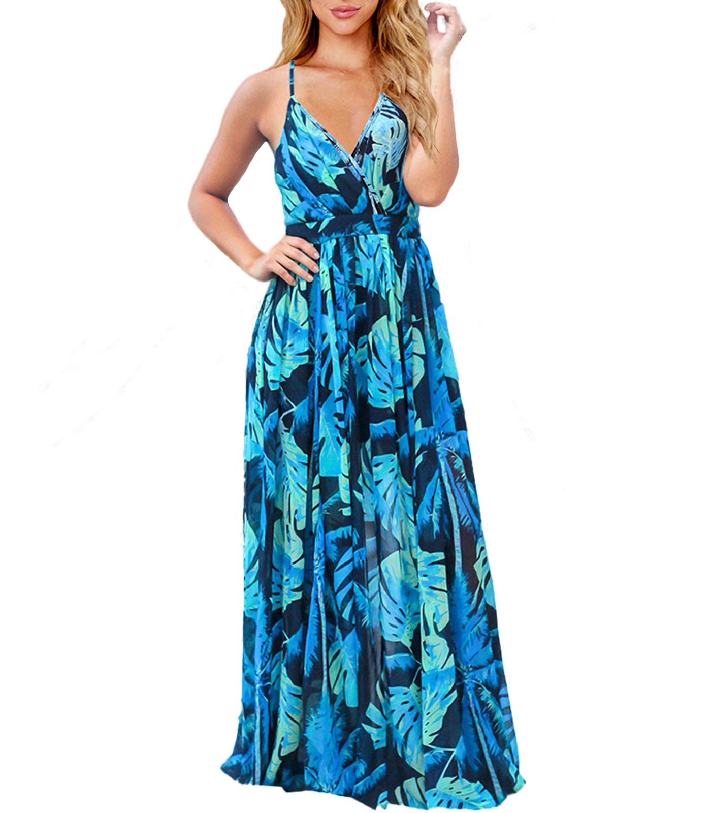 Women's Floral Maxi Dress - Deep V-Neck Summer Casual Long Dress for Beach, Party & Vacation | Lightweight Flowy Sundress for Outdoor Events, Date Night & Tropical Getaways