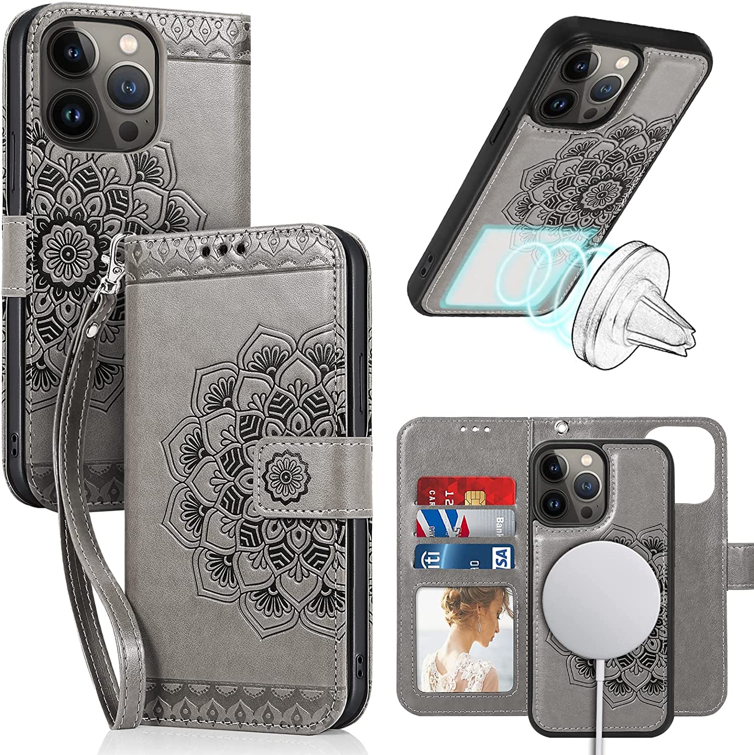iPhone 14 Pro Max Magnetic Detachable Wallet Case - Rose Gold Luxury Phone Cover with Card Holder | Perfect for Travel, Shopping & Everyday Use