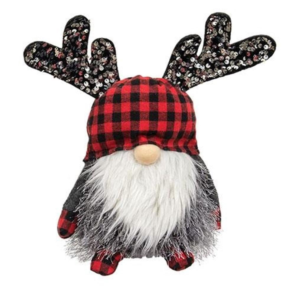 Red & Black Buffalo Check Sequin Reindeer Gnome Sitter - Christmas Holiday Decor for Home, Party, and Festive Gift Giving