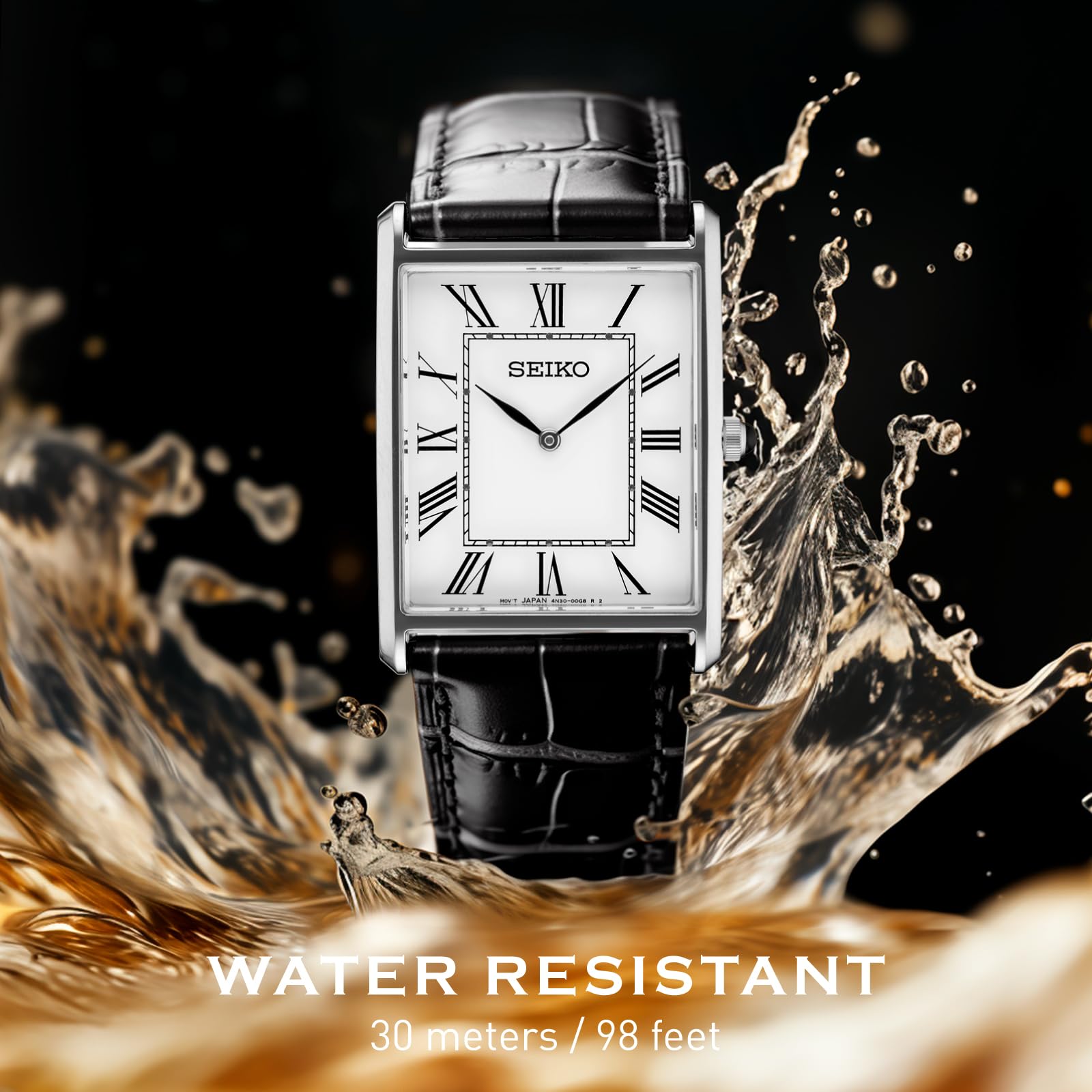 SEIKO Men's Essentials Watch - Stainless Steel Rectangular Case & Leather Strap - Water Resistant - Perfect for Business, Casual & Formal Occasions