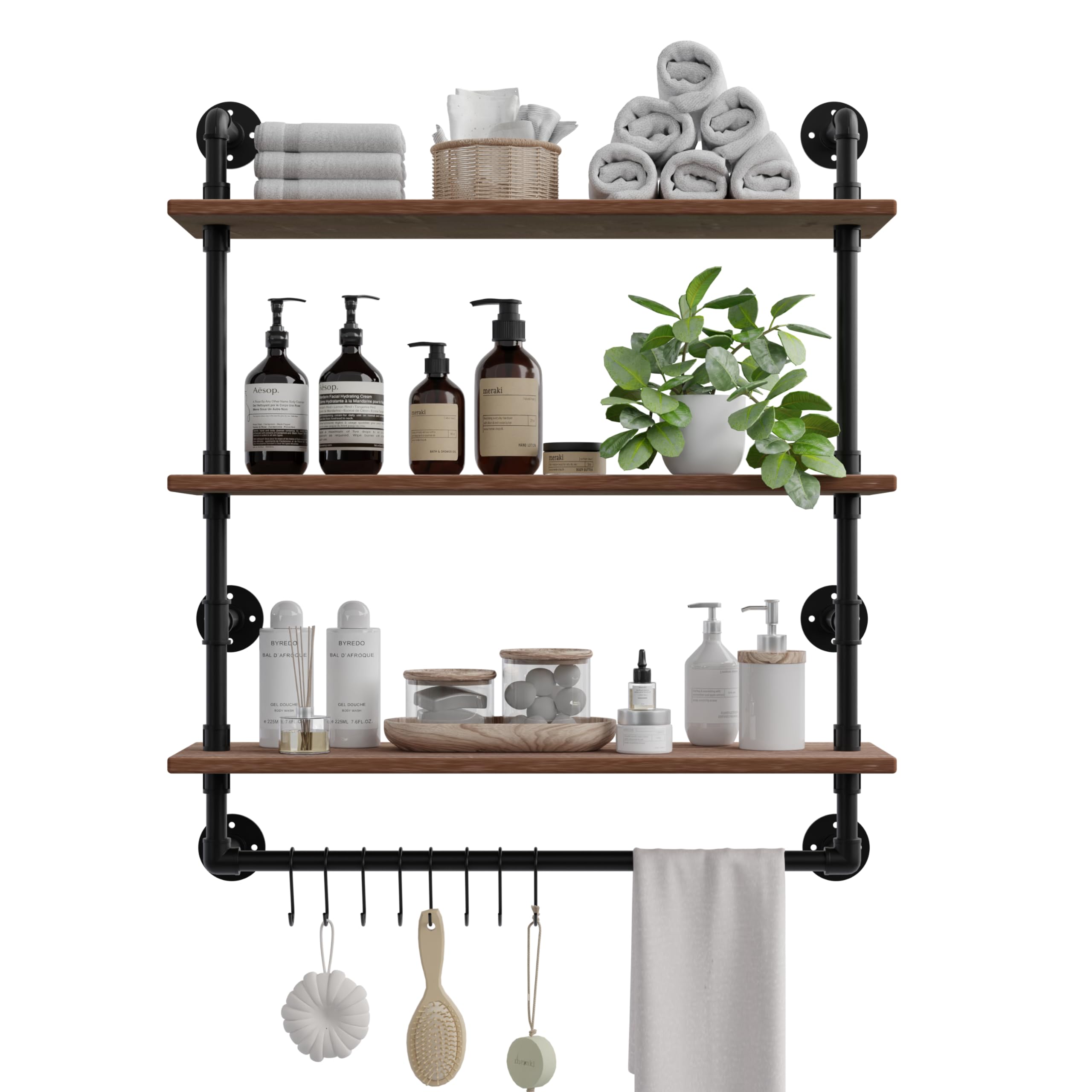 ROGMARS 24 Inch Industrial Pipe Shelving - Rustic Floating Wall Shelf with Towel Bar & Hooks, 3-Tier Bathroom Storage Shelf for Towels, Decor & Organizing | Perfect for Small Spaces, Laundry Rooms & Farmhouse Style Homes