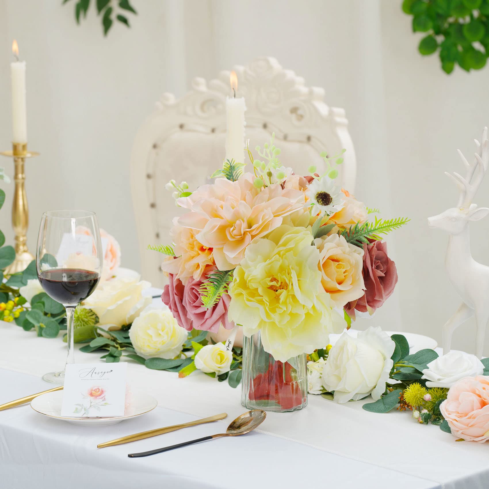 23pcs Artificial Silk Rose & Daisy Flower Bouquet with Stems - DIY Wedding Arch, Bridal Shower, Baby Shower, Home Decor & Party Centerpieces