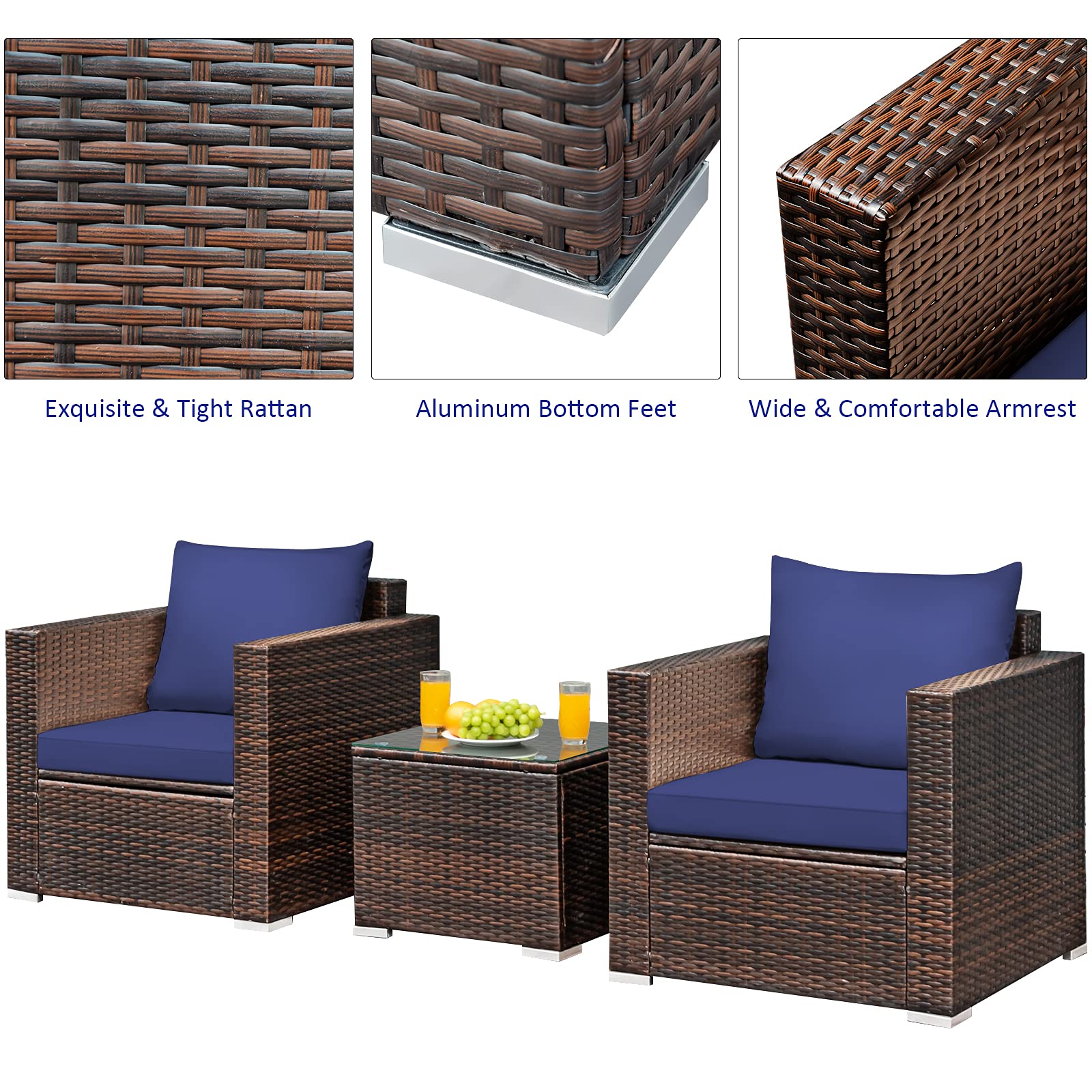 Tangkula 3-Piece Outdoor Patio Furniture Set - PE Rattan Wicker Sofa with Washable Cushions & Tempered Glass Table - Garden, Poolside, Balcony Conversation Set for Relaxing & Entertaining