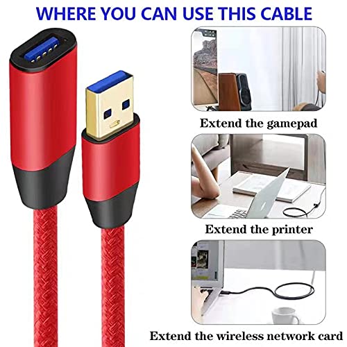 6FT USB 3.0 Extension Cable 2 Pack - High Speed Data Transfer A Male to Female Extender for Gaming, Office & Home Use - Compatible with Gamepad, Keyboard, Printer, Webcam & More (Red) - Perfect for PC Setup, Workstation Extension & Entertainment Systems