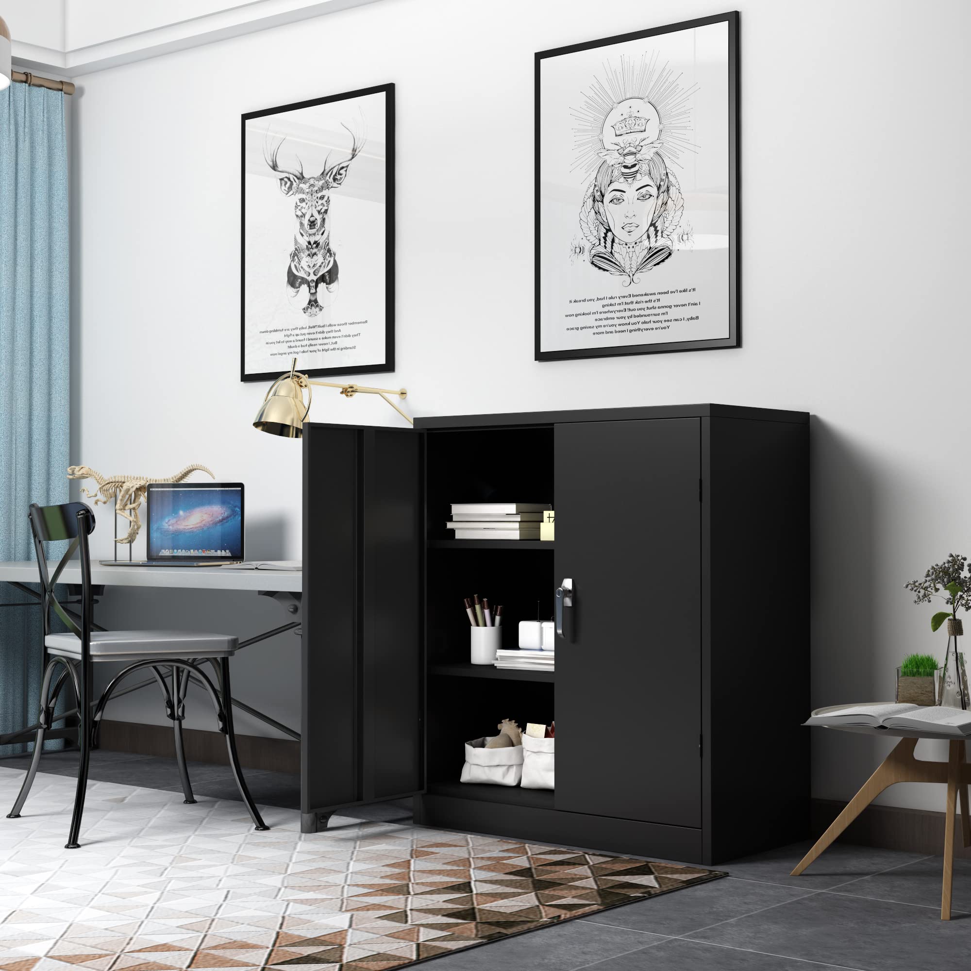 Lockable Metal Office File Cabinet with 2 Adjustable Shelves - Black Garage Storage Cabinet with Locking Door - Small Tool Cabinet (41.6''H×36''W×18''D) - Perfect for Home Office, Garage Organization & Secure Document Storage - Assembly Required