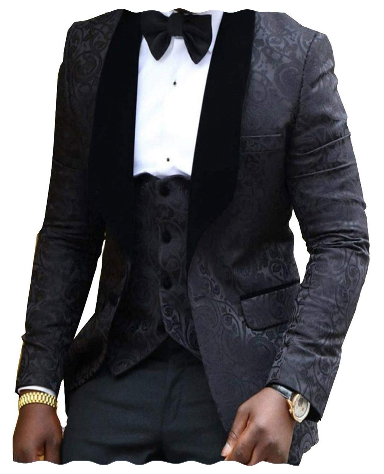 SOLOVEDRESS Men's 3-Piece Jacquard Slim Fit Tuxedo Suit with Shawl Lapel for Wedding, Groomsmen & Formal Events (Blazer + Vest + Pants) - Perfect for Prom, Black Tie Parties & Business Occasions