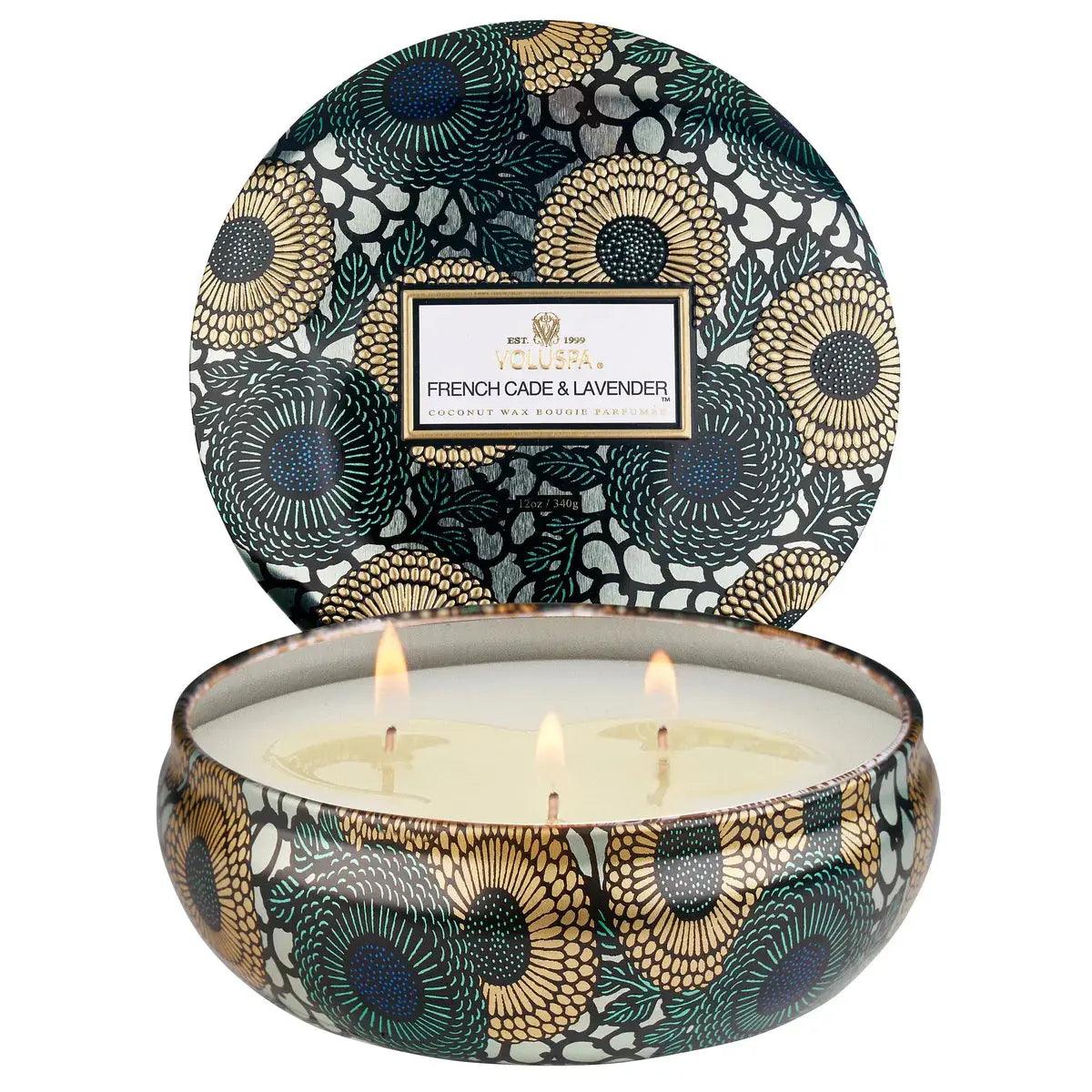 French Cade Lavender 3-Wick Tin Candle - Aromatherapy Scented Candle for Home, Spa & Relaxation - Perfect for Living Room, Bedroom & Bathroom Decor