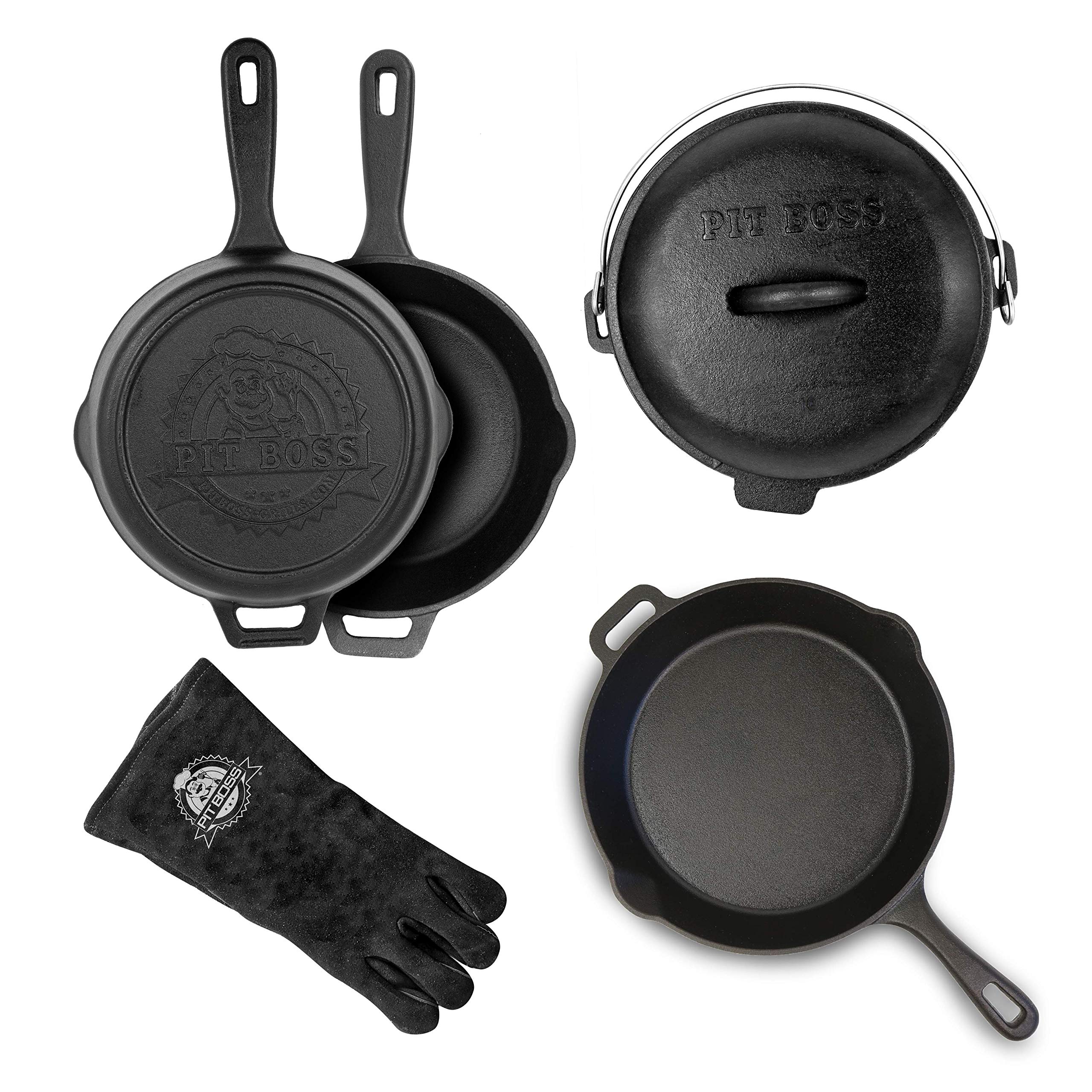 Pit Boss 6-Piece Cast Iron Cookware Set - Pre-Seasoned Cast Iron Skillet, Griddle, Dutch Oven & Accessories for Grilling, Camping & Outdoor Cooking | Perfect for BBQ, Stovetop & Oven Use