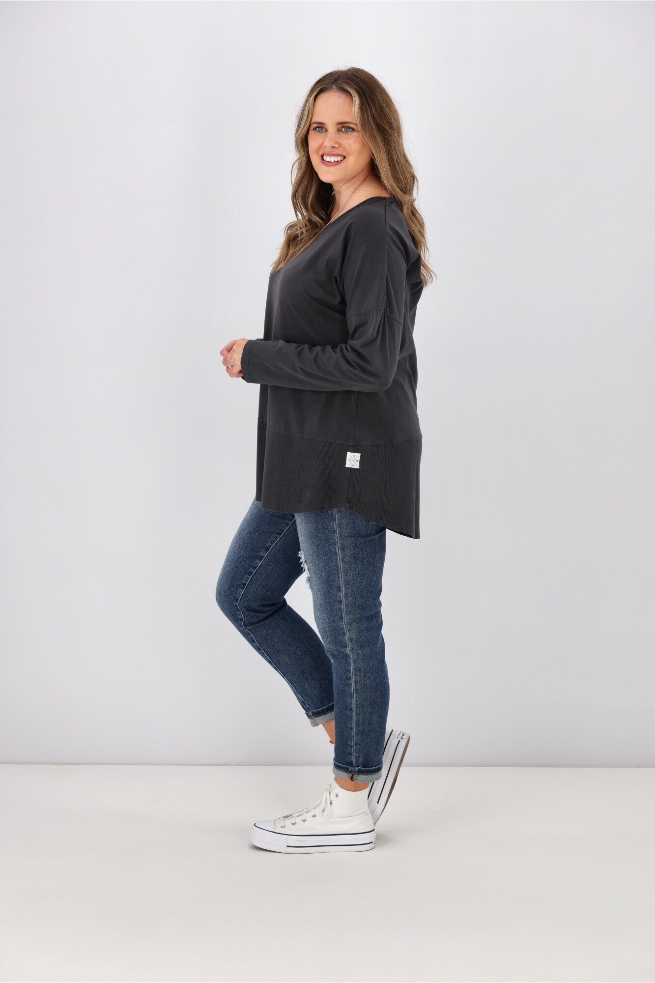 Elm Fundamental Rib Long Sleeve Tee - Washed Black Cotton Shirt for Men & Women | Casual Wear, Layering, Everyday Outfits