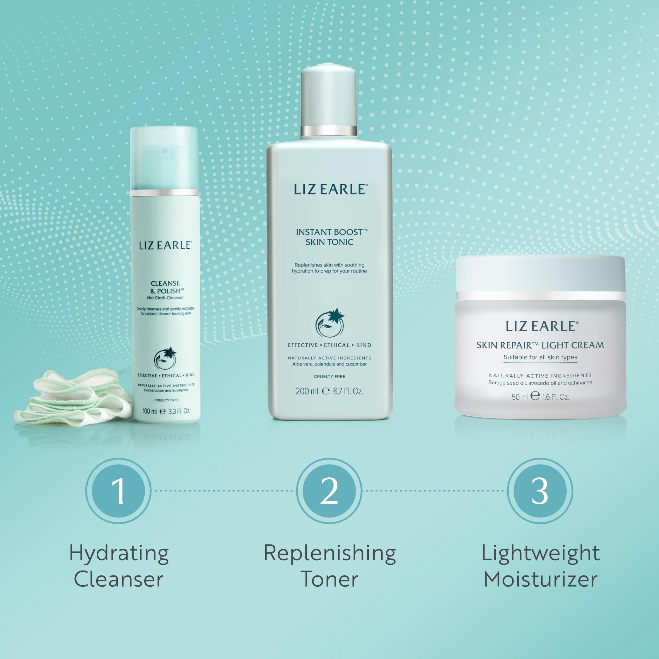 Liz Earle Hydration Collection - Gentle Face Wash, Facial Toner & Moisturizing Cream for Deep Hydration - 3-Step Skincare Routine to Balance & Nourish Dry Skin - Achieve Healthy, Radiant Glow - Perfect for Daily Use, Travel & Gift Sets