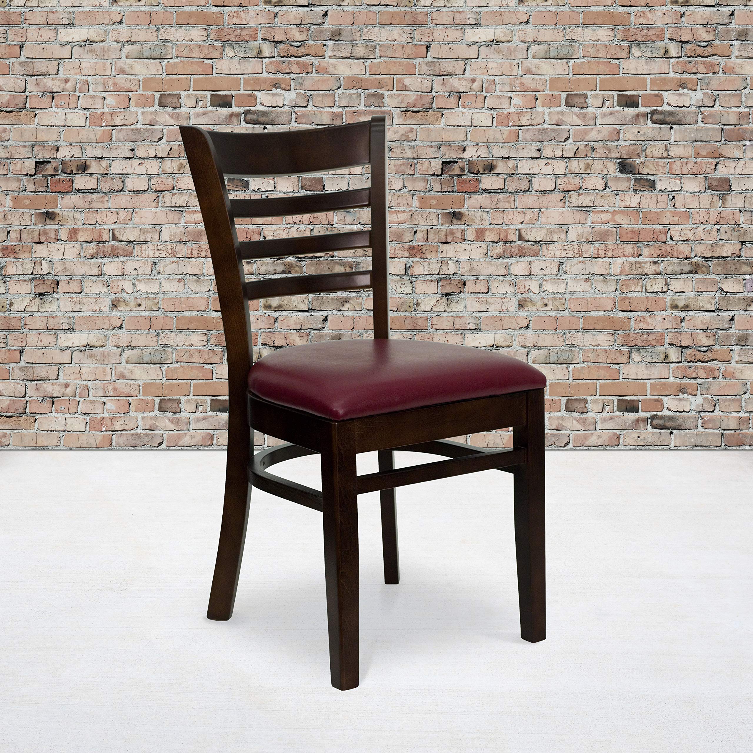 2 Pack Walnut Wood Ladder Back Dining Chairs with Burgundy Vinyl Upholstered Seats - Sturdy Restaurant Chairs for Home Kitchen, Cafe, Bistro & Dining Room