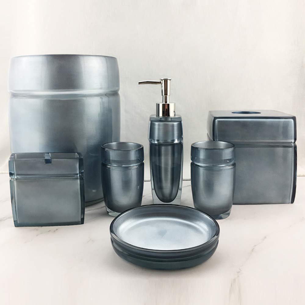 5/7 Piece Bathroom Sets JWZQ - Transparent Resin Soap Dish, Lotion Bottle, Toothbrush Holder & Cup, Tissue Box, Trash Can - Modern Vanity Organizer for Bathroom Countertop Decor