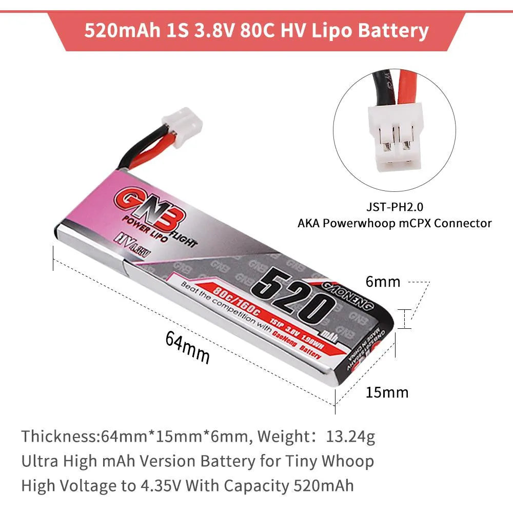 4Pcs 520mAh 1S 3.8V High Voltage LiPo Battery 80C with JST PH 2.0 Connector - Perfect for FPV Drones, RC Cars, and DIY Electronics Projects