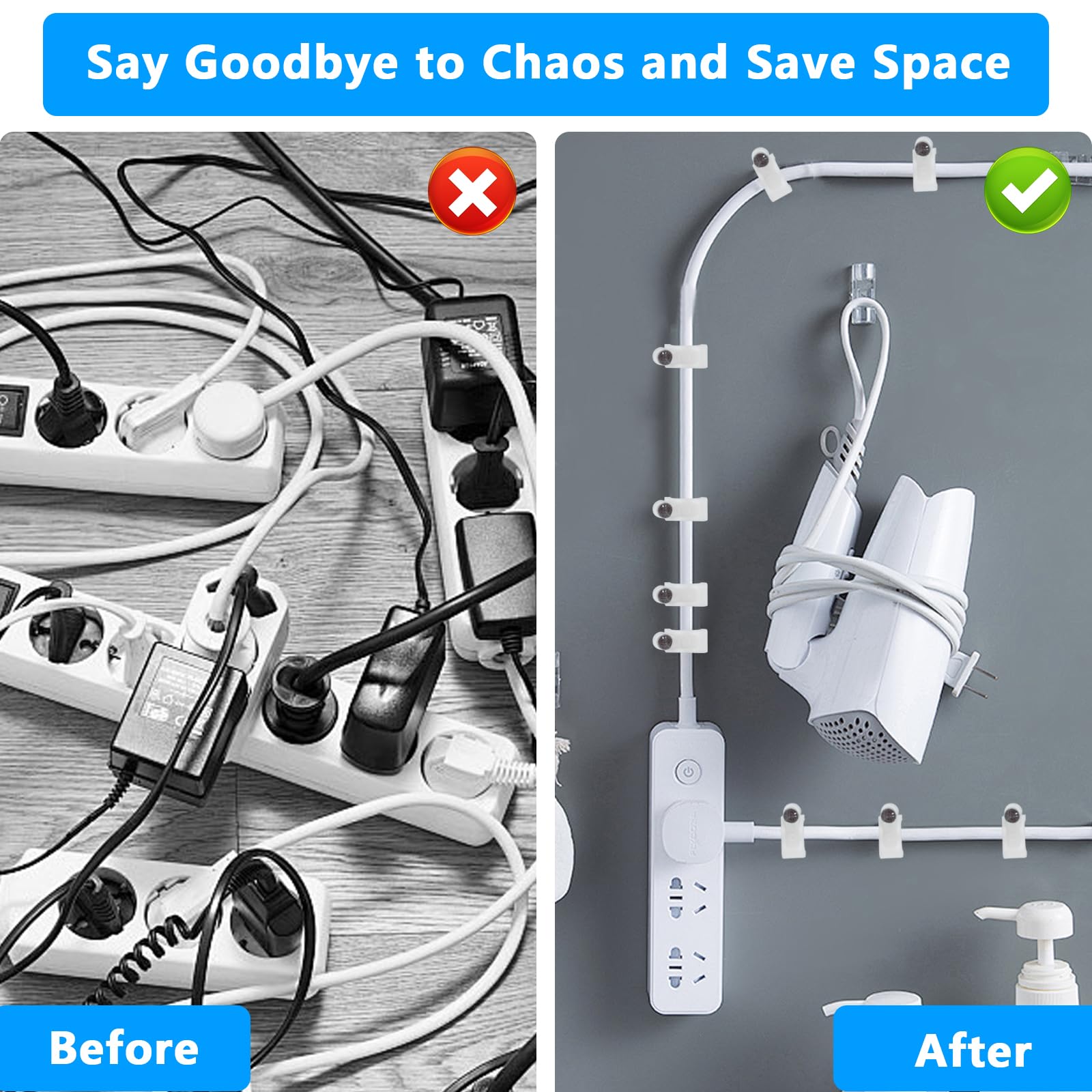 400pcs Cable Clips with Nails, Wall Cable Organizer, Round Cable Clamps for 4mm/6mm/8mm/10mm Wires - Perfect for Home Office, TV, Computer & Router Cable Management