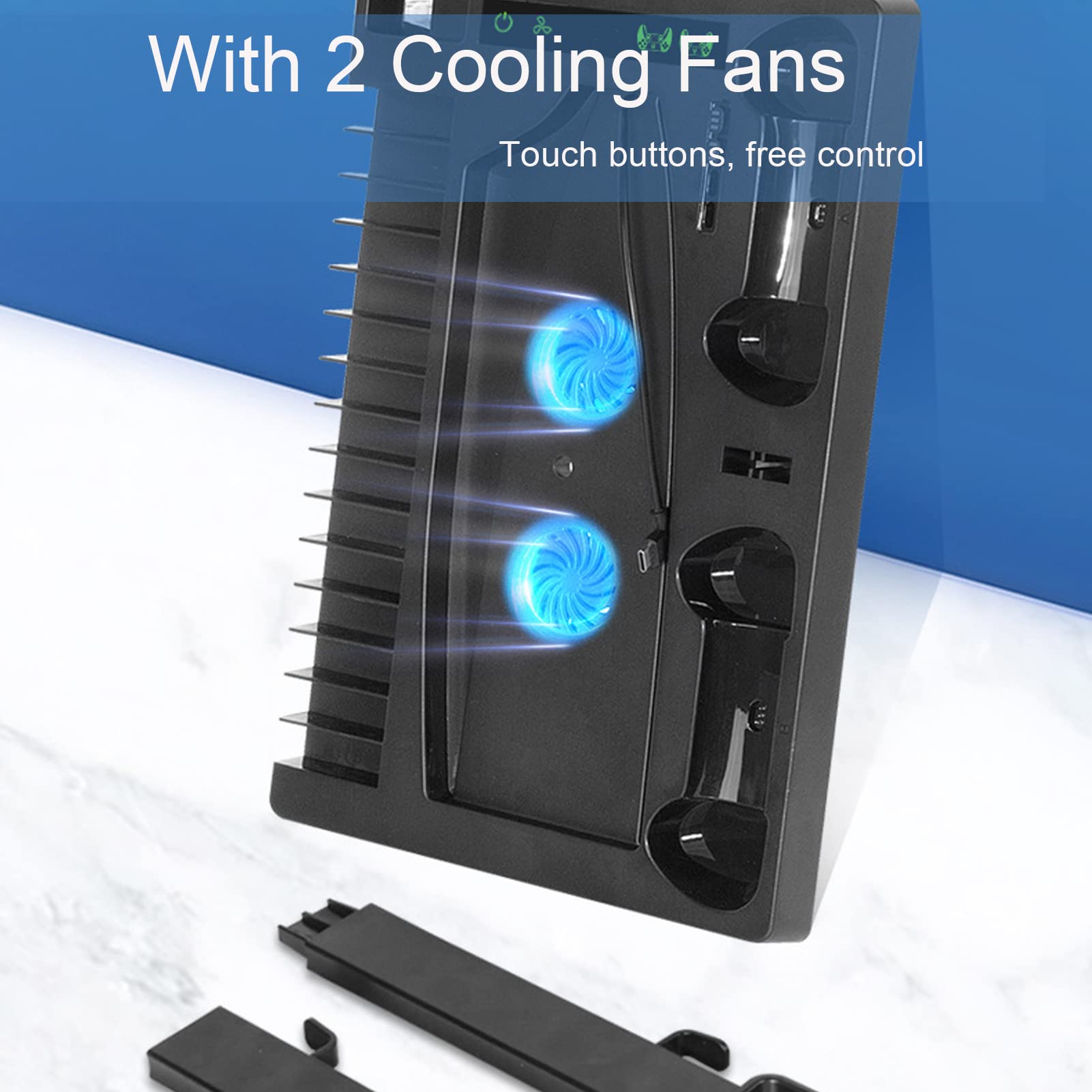 Goshyda Vertical Cooling Fan Stand for PS5 Digital Edition - Dual Controller Charger, 2 Silent Cooling Fans, Game Storage Slot - Perfect for Gaming Sessions & Console Protection
