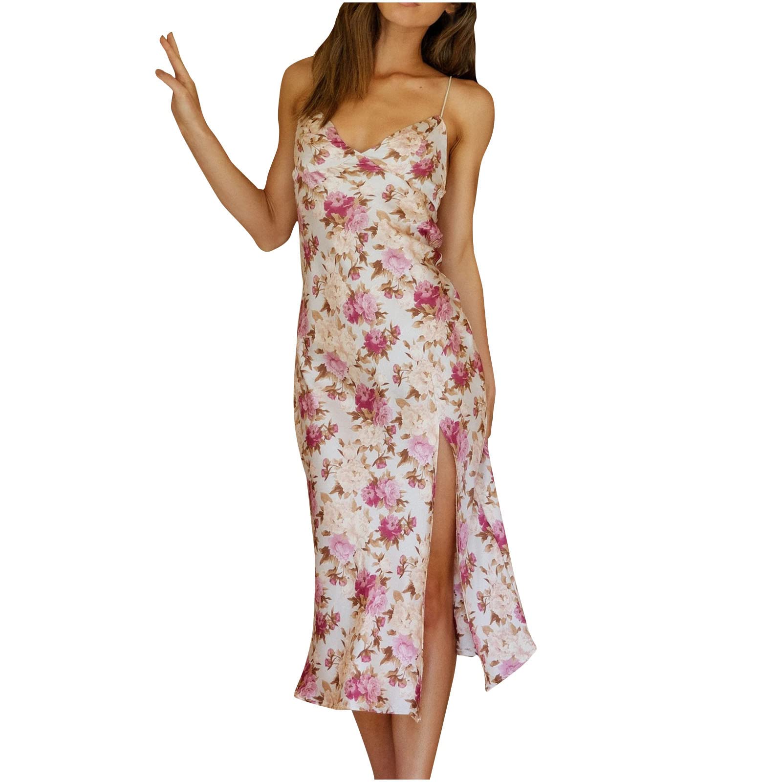 Women's Floral Spaghetti Strap Midi Dress - Summer V-Neck Wedding Guest & Casual Dress with Side Slit | Perfect for Beach Vacations, Date Nights & Garden Parties
