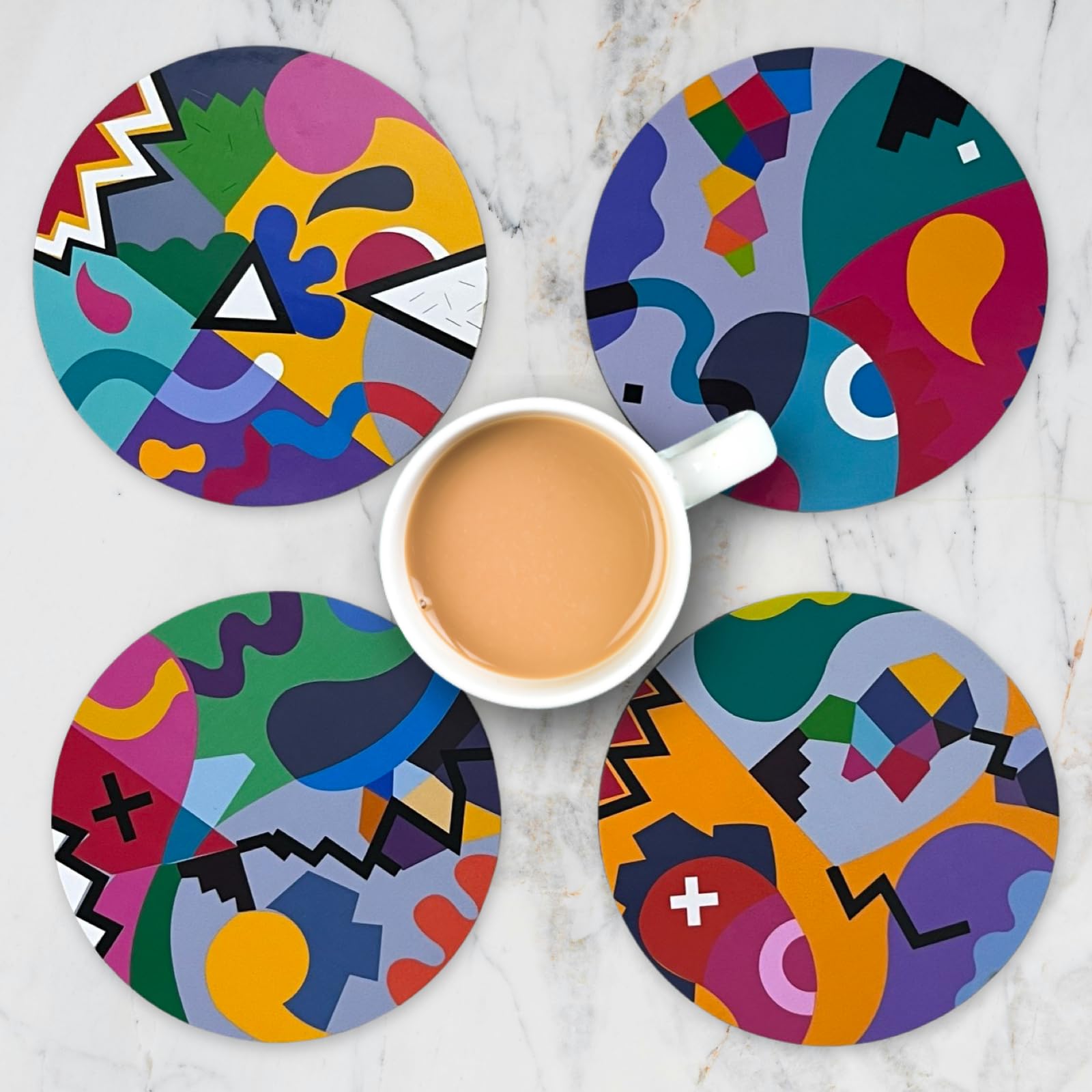 Trendy Set of 4 Wooden Tea Coasters with Colorful Abstract Art Print - 4.3 Inch Round Absorbent Coasters for Coffee Mugs & Tea Cups - Handmade in India - Perfect for Home, Office, and Gift Giving