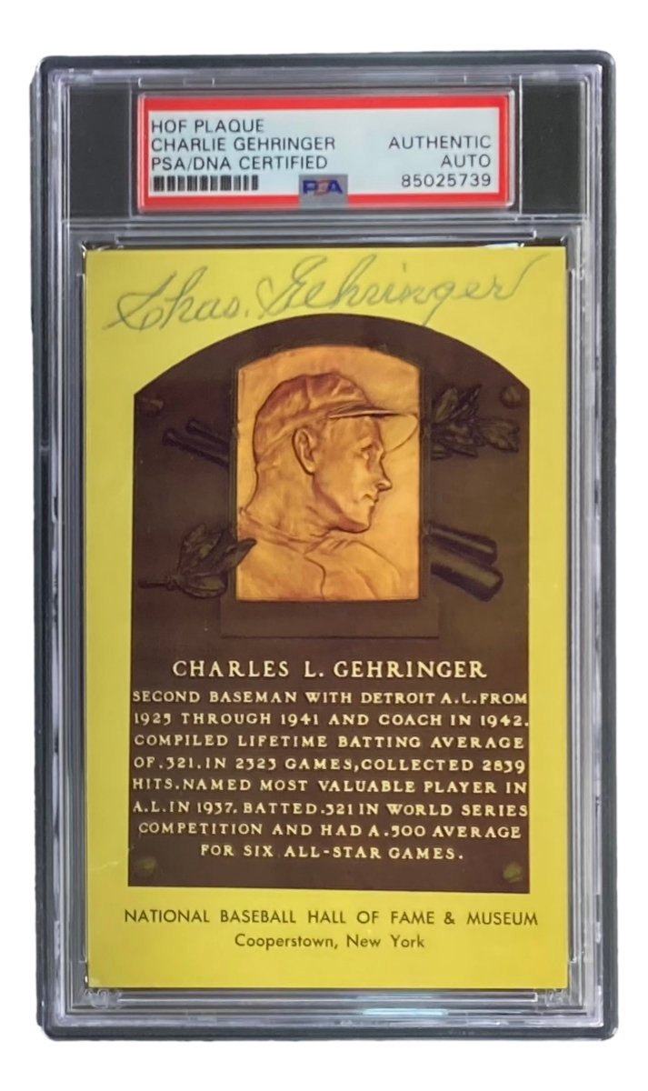 Charlie Gehringer Autographed 4x6 Detroit Tigers Hall of Fame Plaque Card with PSA/DNA Certification #85025739 - Perfect for Baseball Memorabilia Collectors and Tigers Fans Display